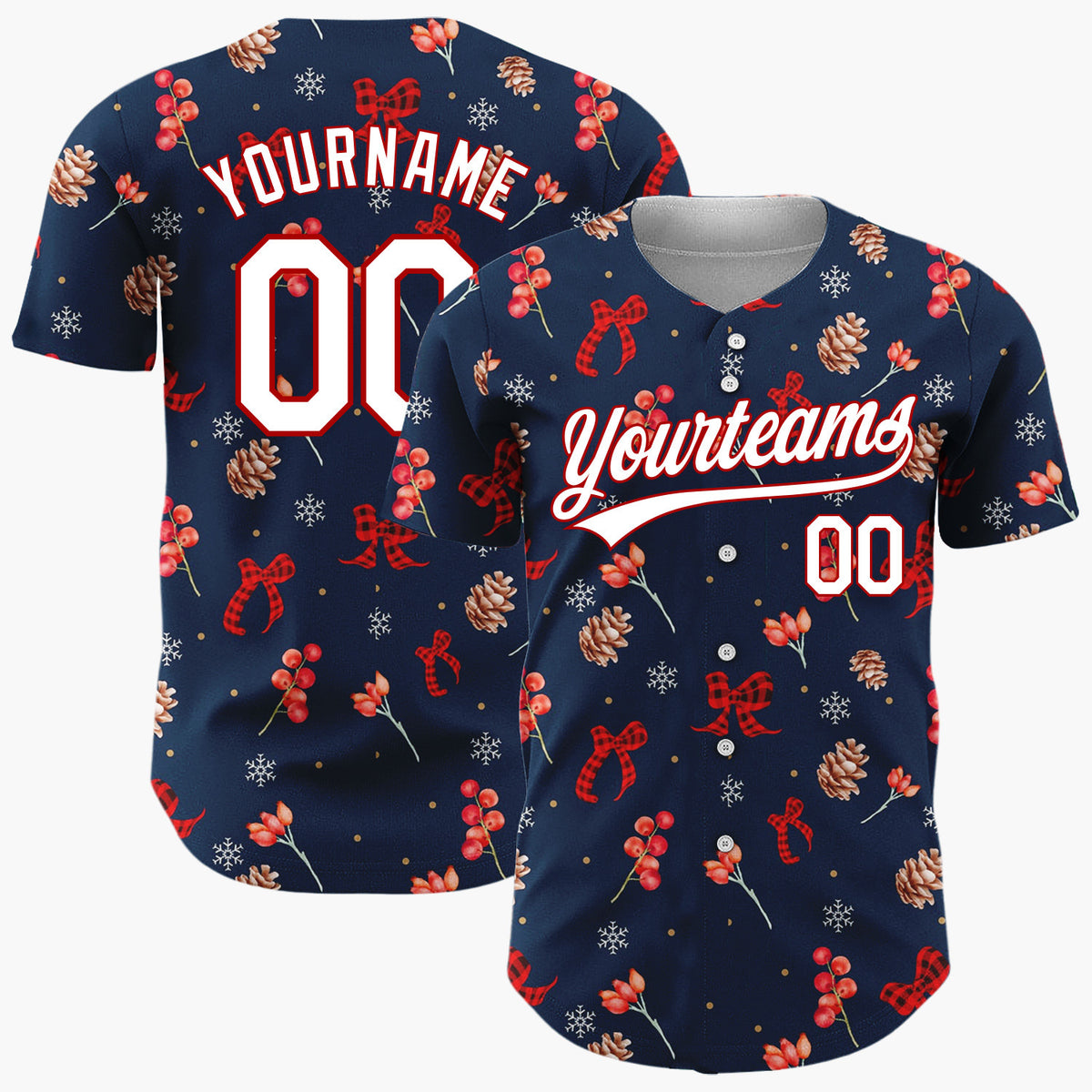 Custom Navy Red Berries Pinecones And Bows Christmas Botanical Pattern Christmas Baseball Jersey