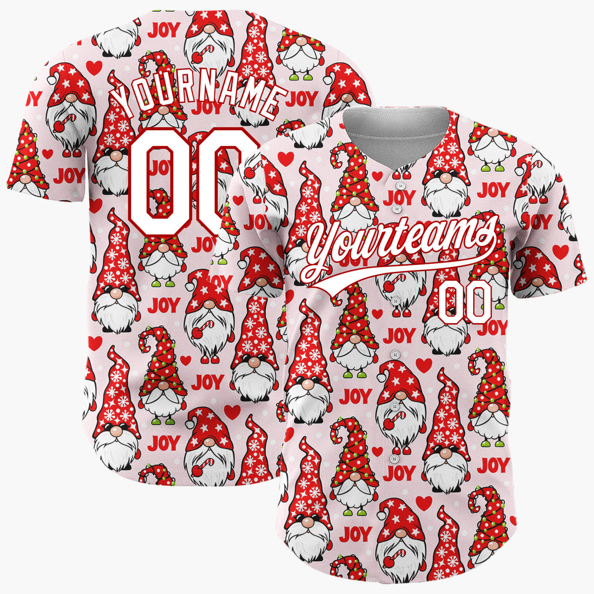 Custom Pink Gnomes Joy And Hearts Digital Christmas Baseball Jersey