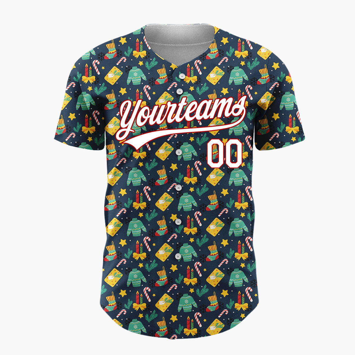 Custom Navy Green Yellow Sweaters Gifts And Candles Warm Winter Christmas Baseball Jersey