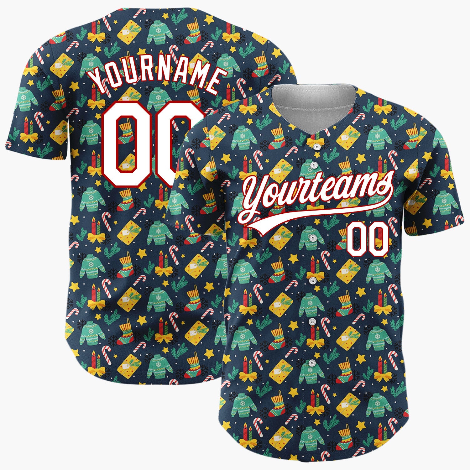 Custom Navy Green Yellow Sweaters Gifts And Candles Warm Winter Christmas Baseball Jersey