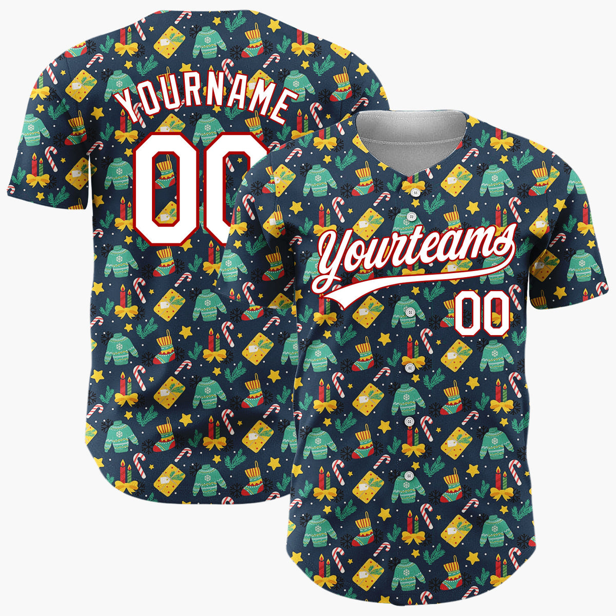 Custom Navy Green Yellow Sweaters Gifts And Candles Warm Winter Christmas Baseball Jersey