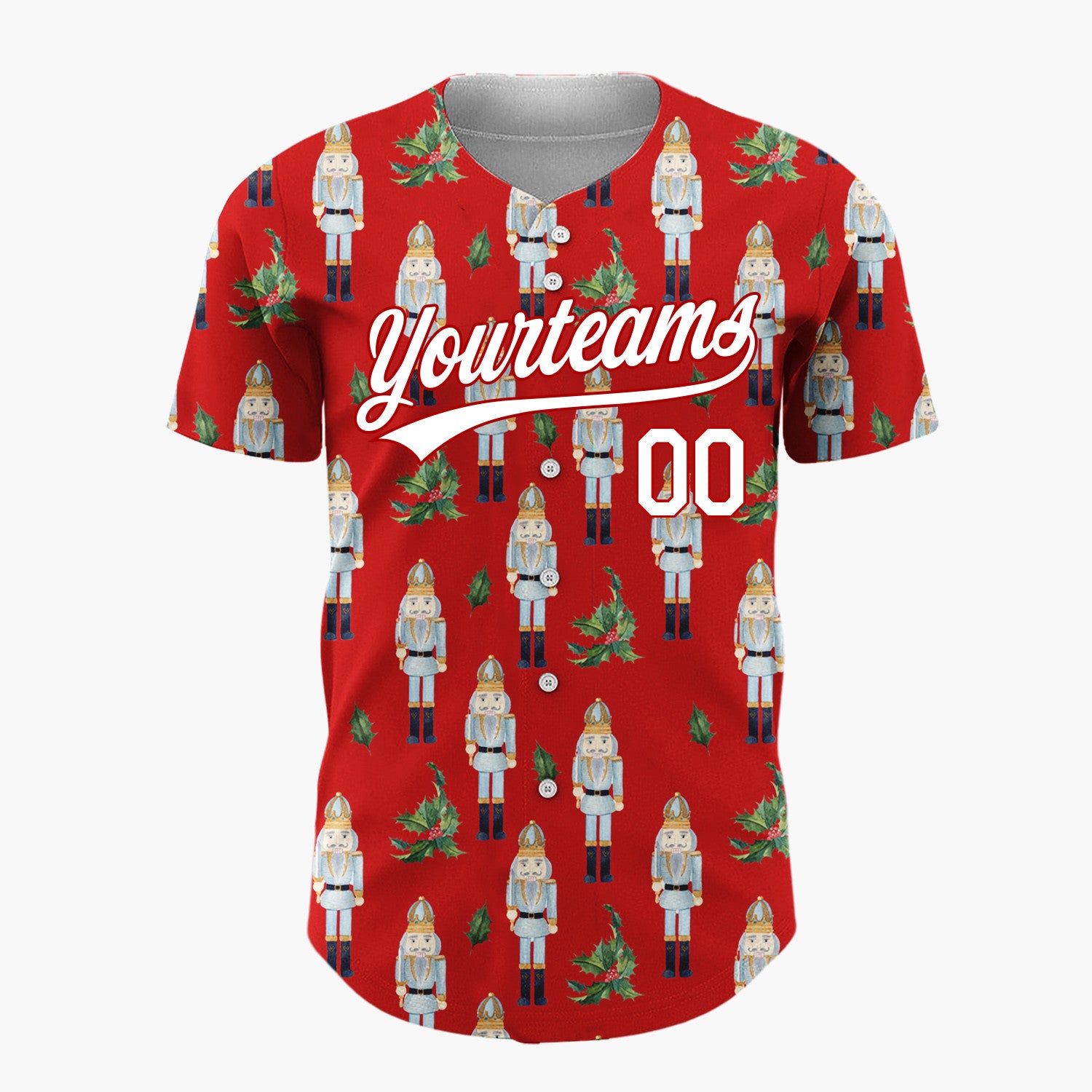 Custom Red Blue Nutcracker And Holly Watercolor Pattern Christmas Baseball Jersey