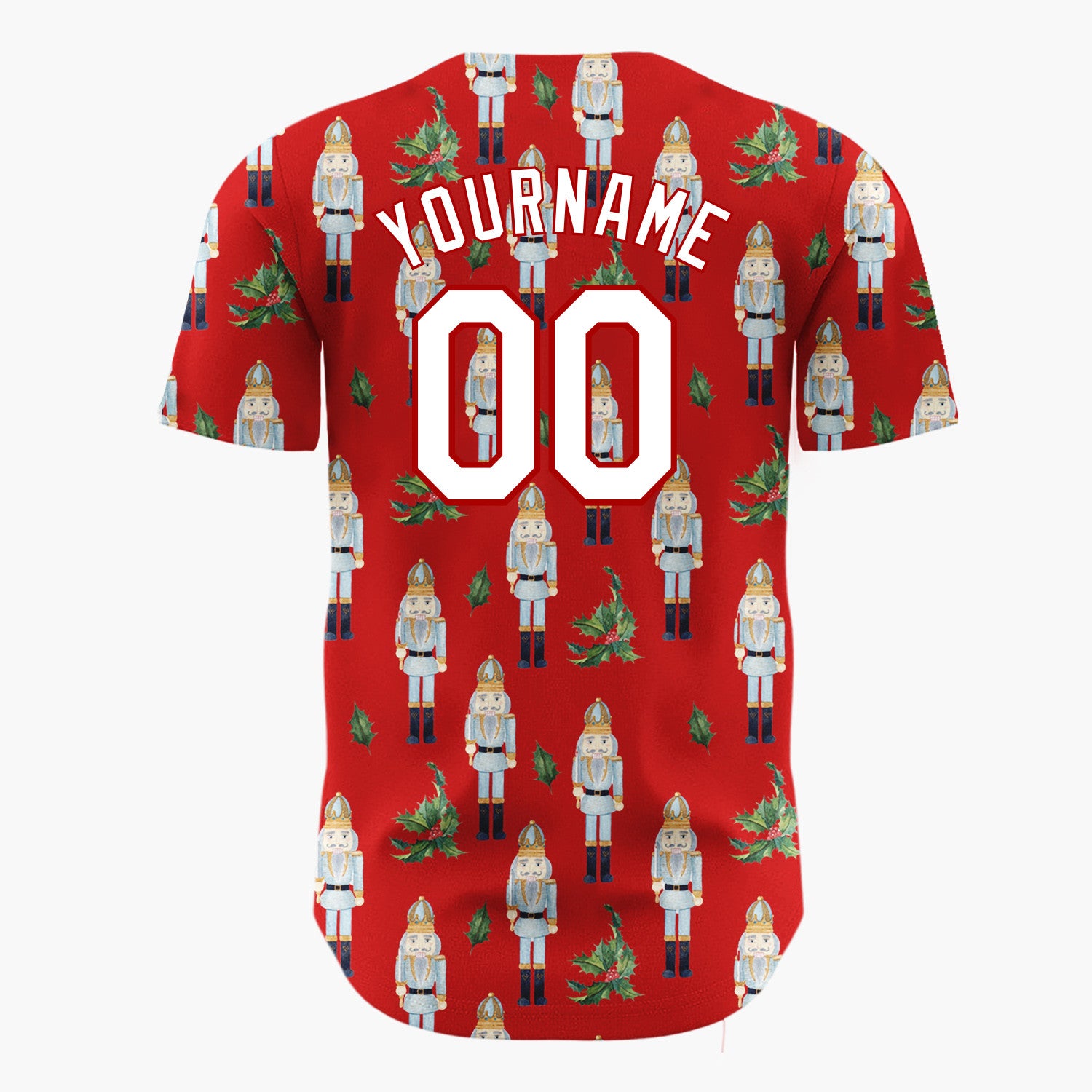 Custom Red Blue Nutcracker And Holly Watercolor Pattern Christmas Baseball Jersey