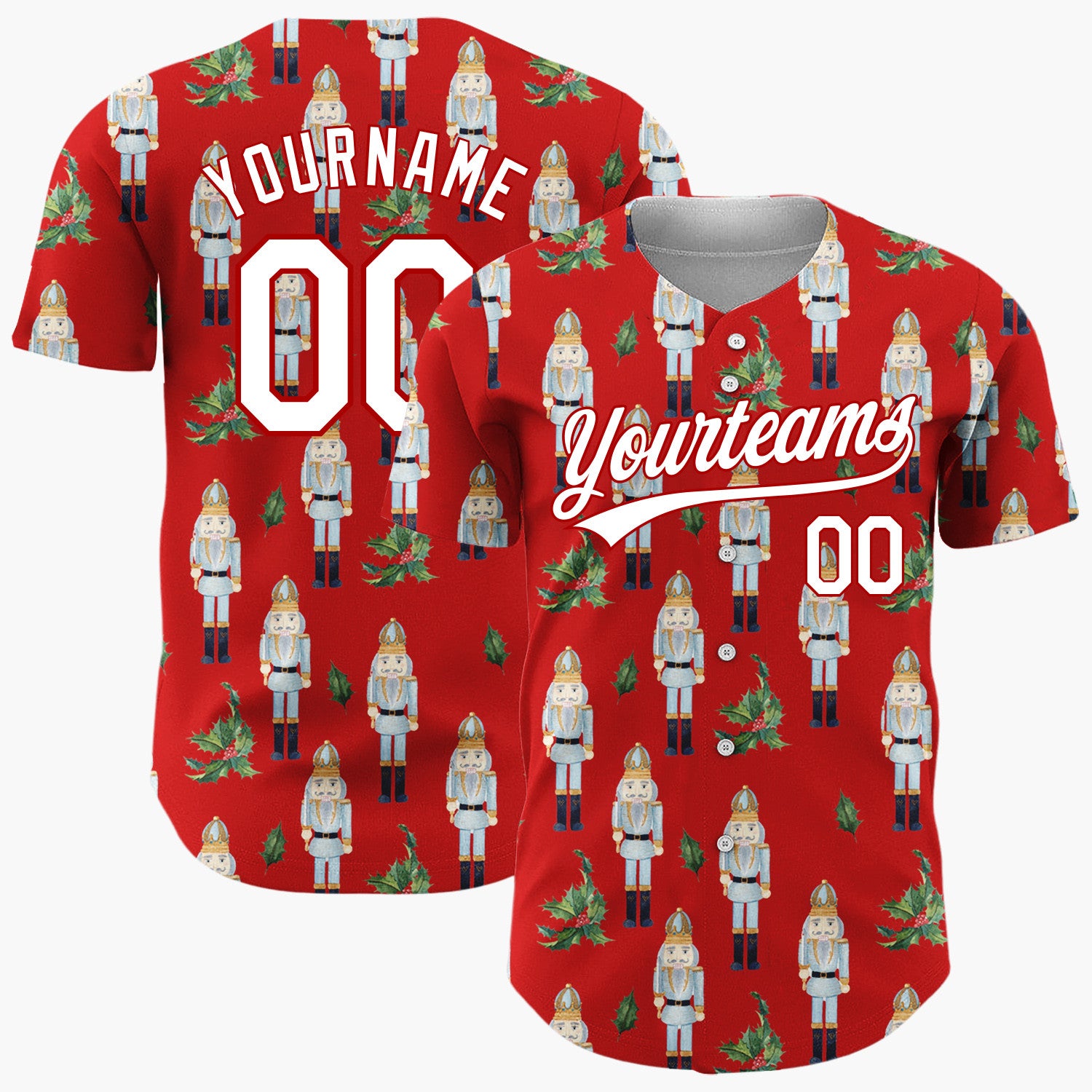 Custom Red Blue Nutcracker And Holly Watercolor Pattern Christmas Baseball Jersey