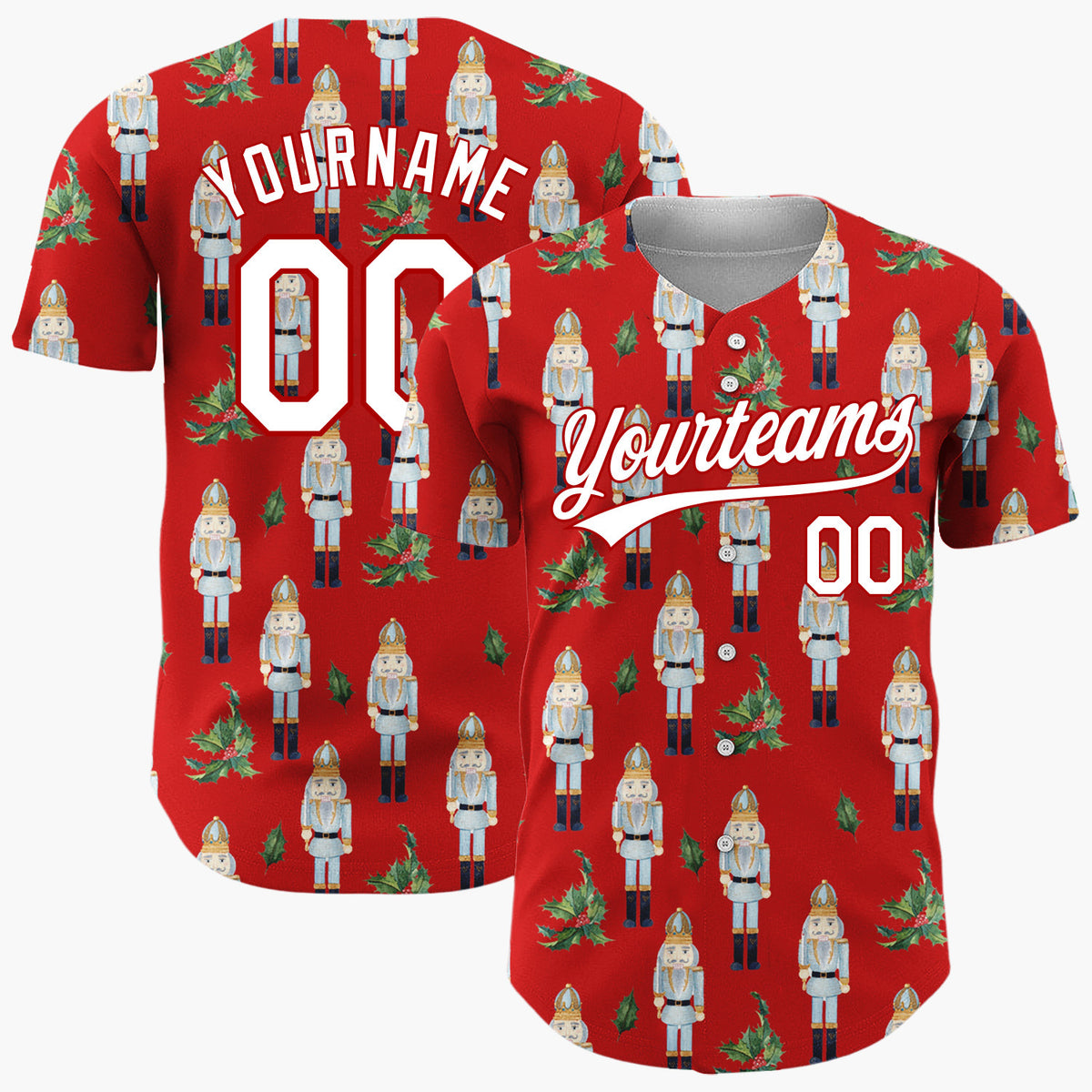 Custom Red Blue Nutcracker And Holly Watercolor Pattern Christmas Baseball Jersey