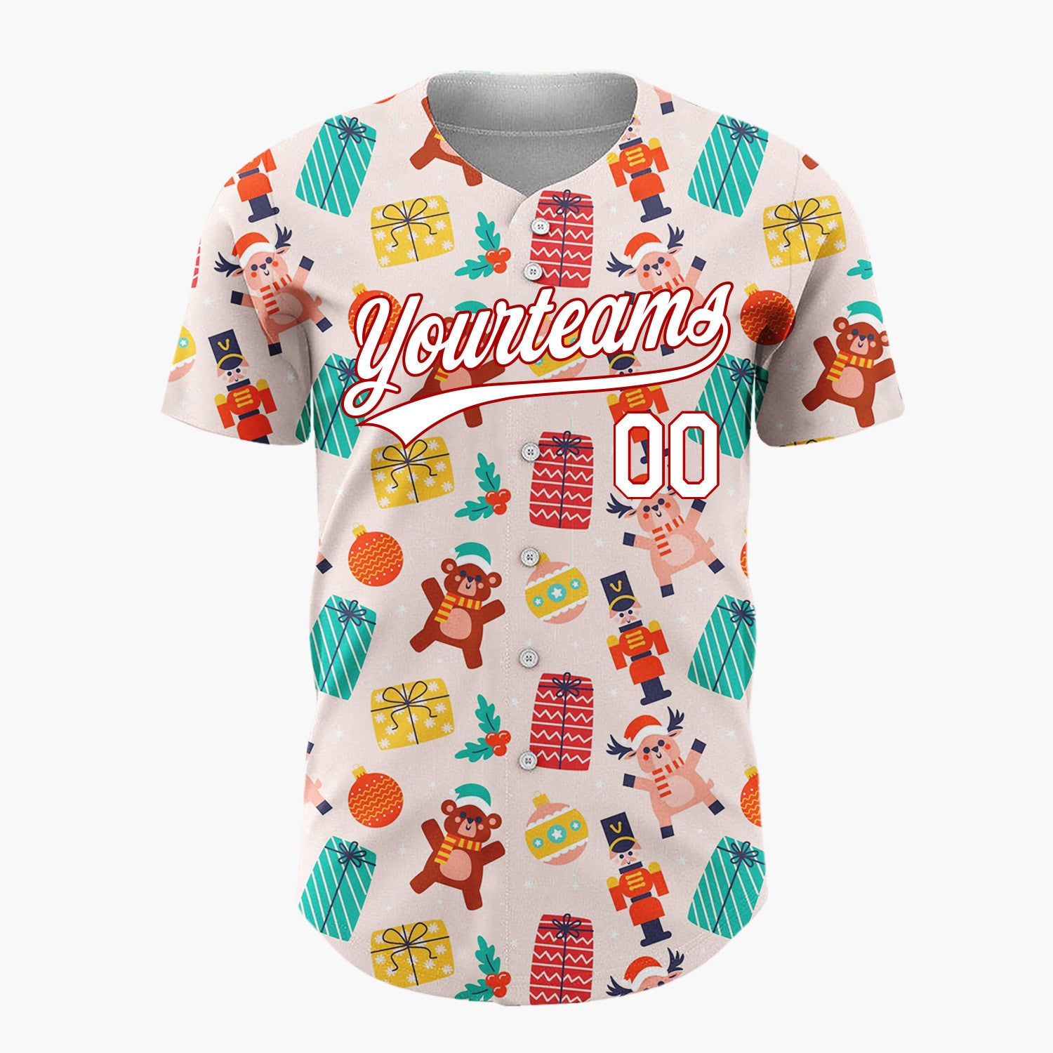Custom Pink Red Toys Presents And Ornaments Christmas Toy Pattern Christmas Baseball Jersey