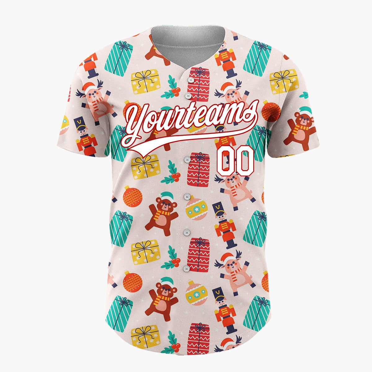 Custom Pink Red Toys Presents And Ornaments Christmas Toy Pattern Christmas Baseball Jersey