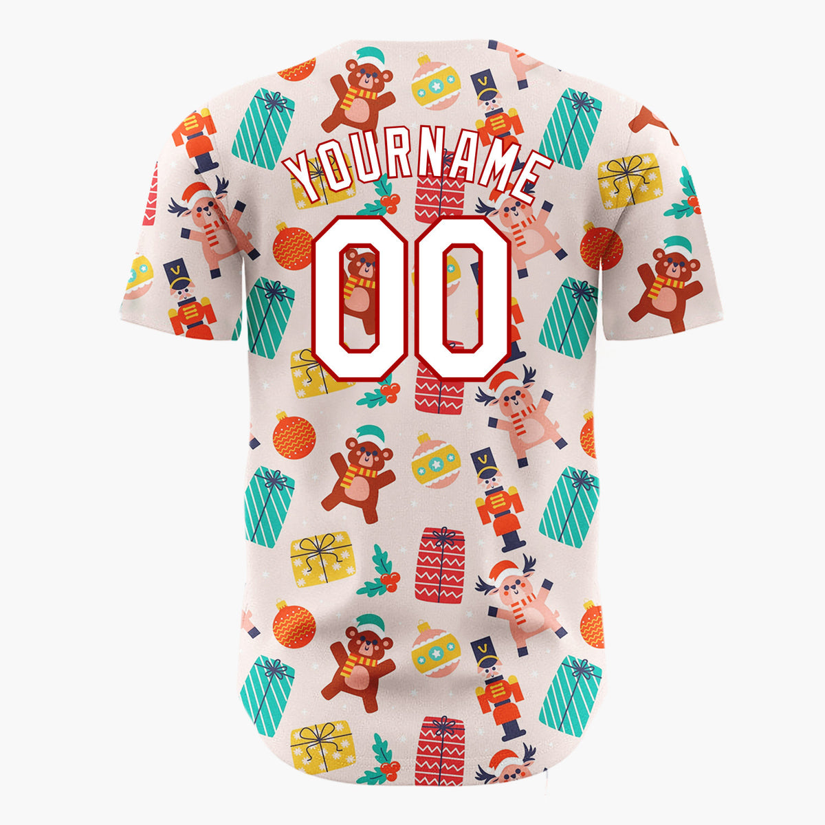 Custom Pink Red Toys Presents And Ornaments Christmas Toy Pattern Christmas Baseball Jersey