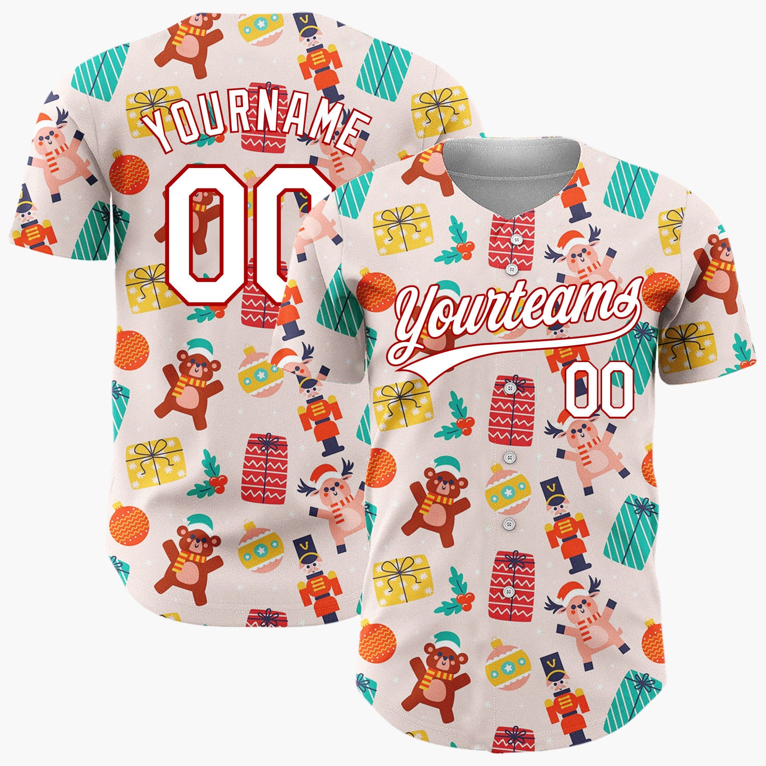 Custom Pink Red Toys Presents And Ornaments Christmas Toy Pattern Christmas Baseball Jersey