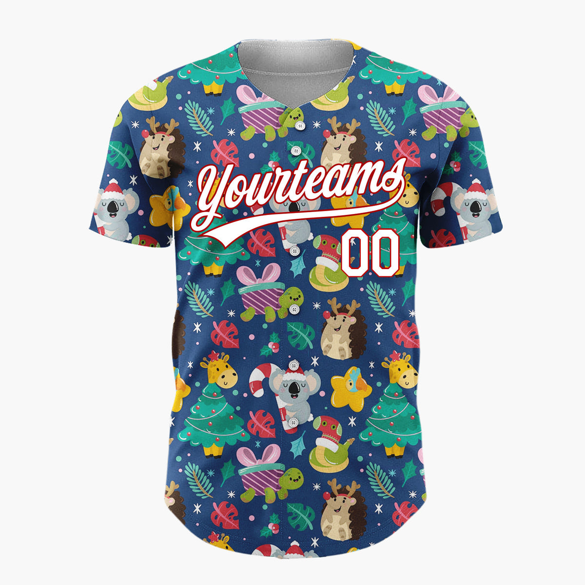 Custom Navy Green Yellow Koalas Giraffes And Christmas Trees Cute Holiday Pattern Christmas Baseball Jersey