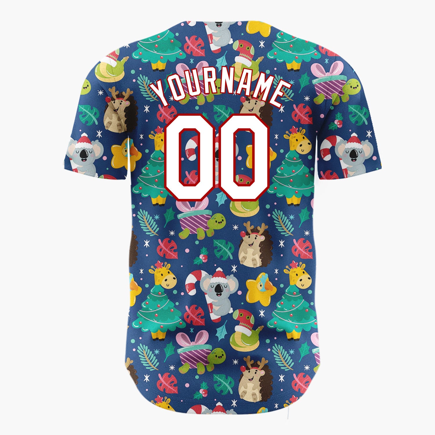 Custom Navy Green Yellow Koalas Giraffes And Christmas Trees Cute Holiday Pattern Christmas Baseball Jersey