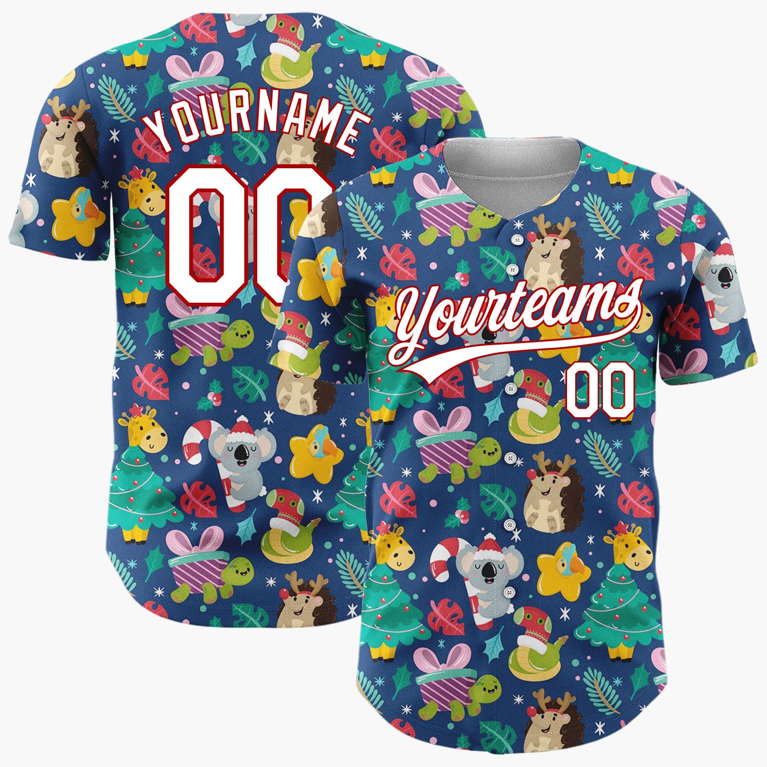 Custom Navy Green Yellow Koalas Giraffes And Christmas Trees Cute Holiday Pattern Christmas Baseball Jersey