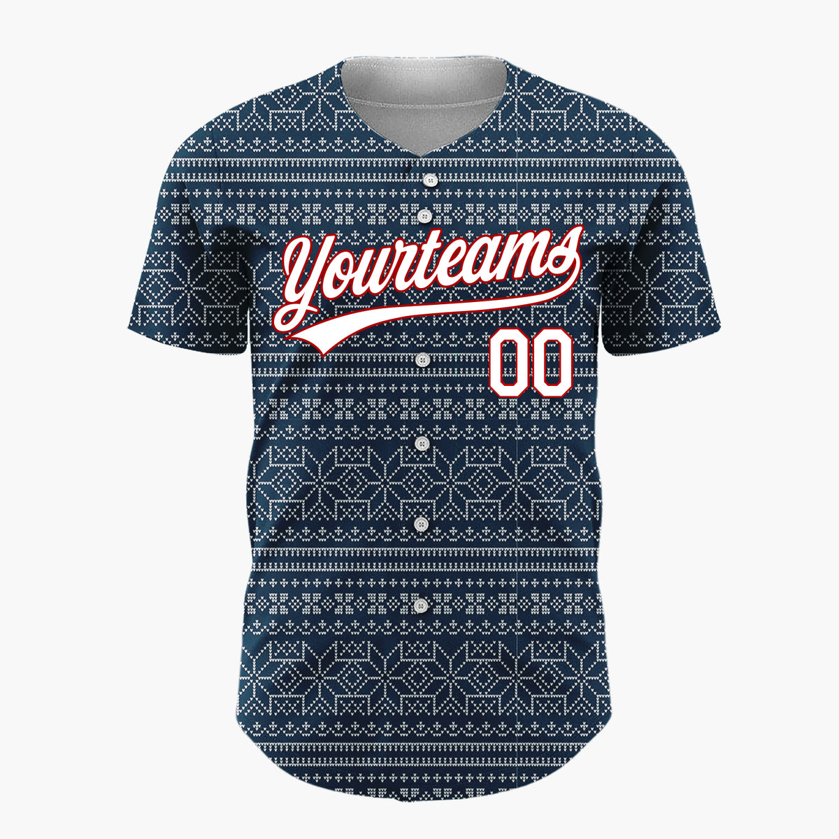 Custom Navy White Geometric Snowflake Nordic Fair Isle Pattern Christmas Baseball Jersey
