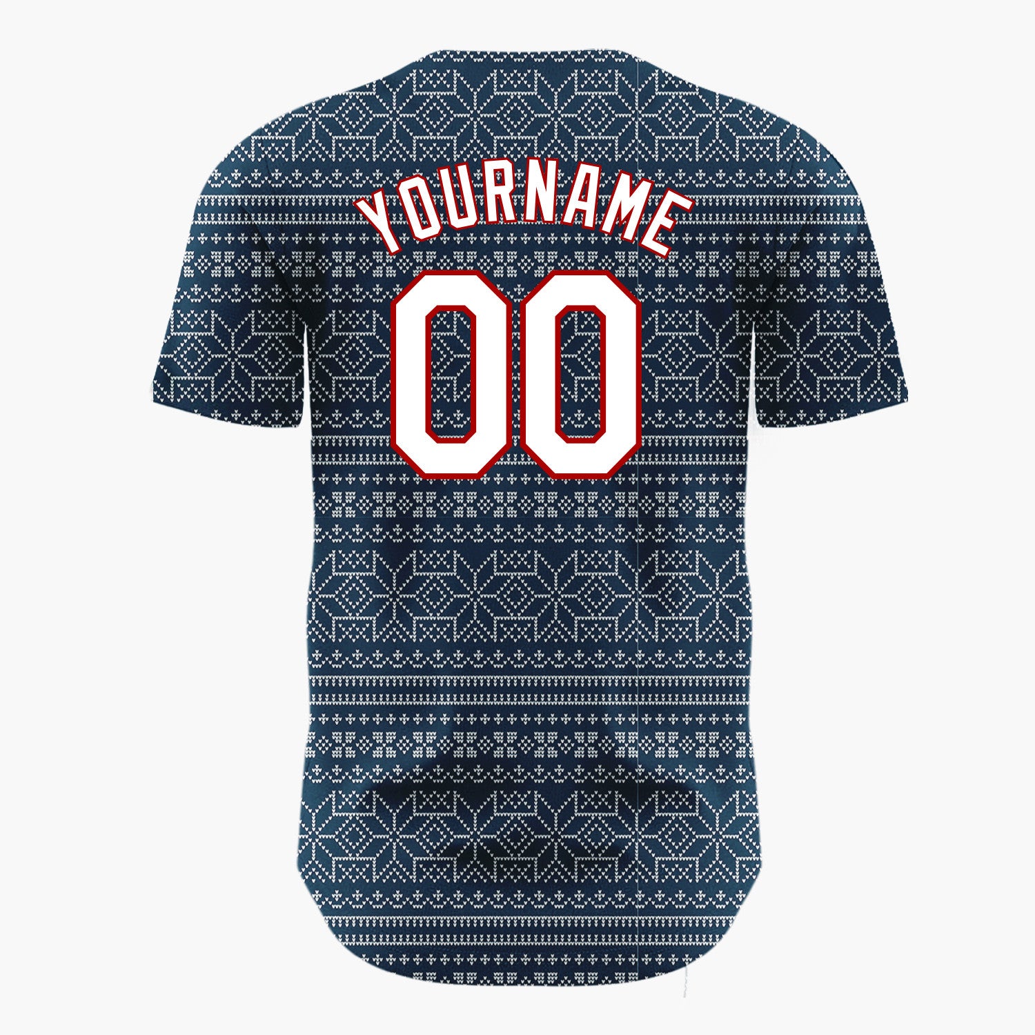 Custom Navy White Geometric Snowflake Nordic Fair Isle Pattern Christmas Baseball Jersey