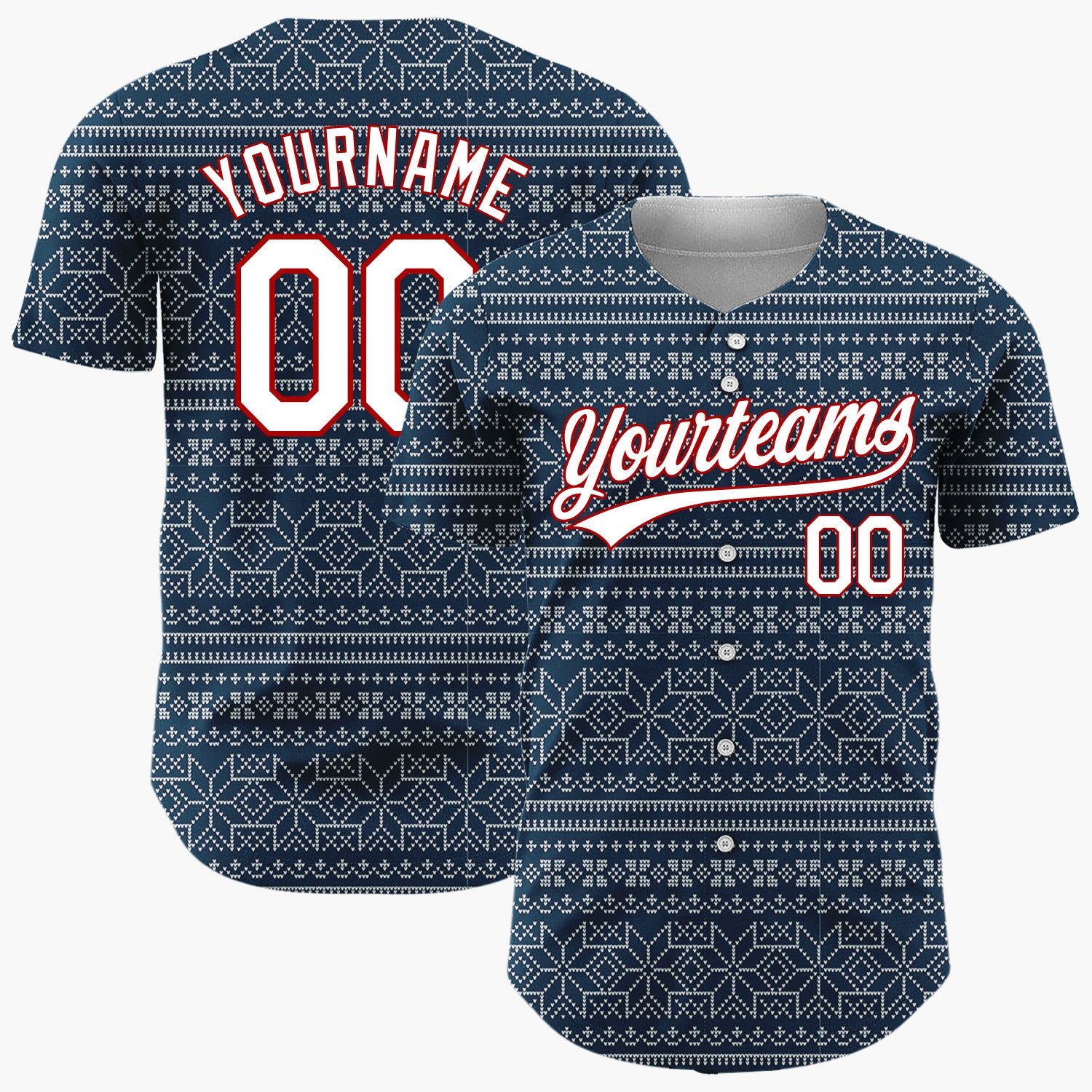 Custom Navy White Geometric Snowflake Nordic Fair Isle Pattern Christmas Baseball Jersey