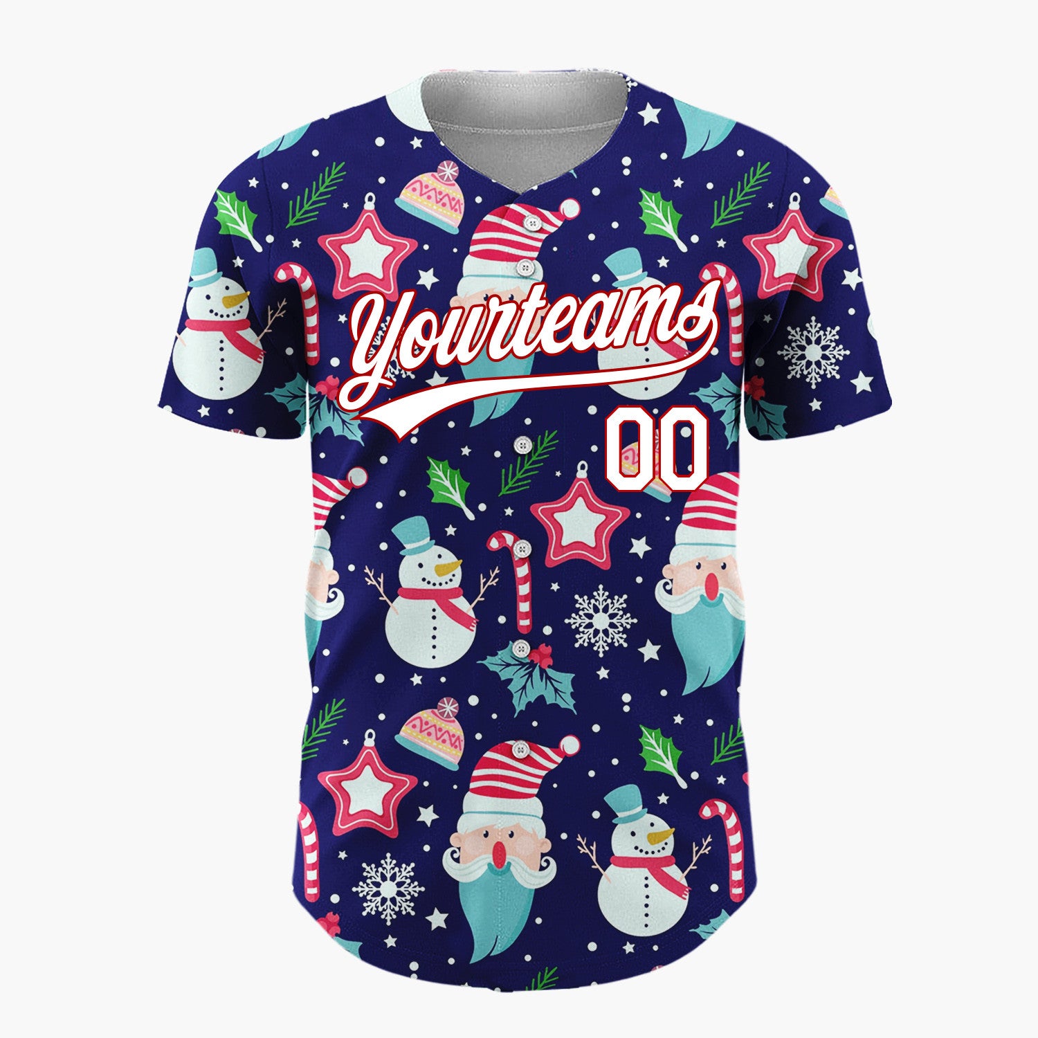 Custom Navy Santa Snowman Cheerful Christmas Baseball Jersey