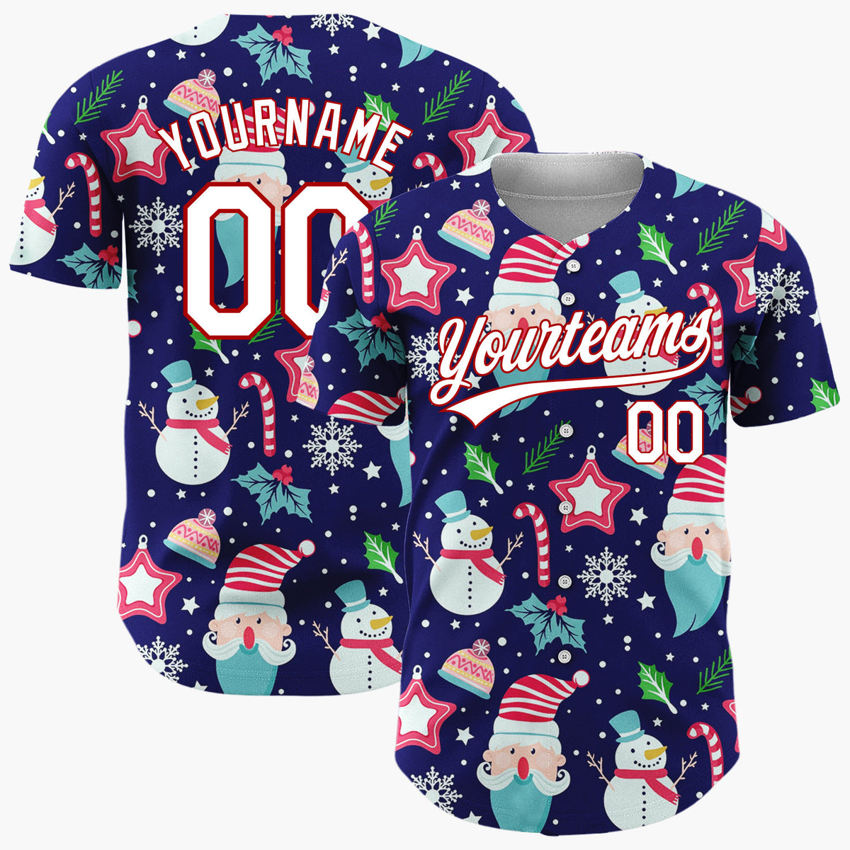 Custom Navy Santa Snowman Cheerful Christmas Baseball Jersey