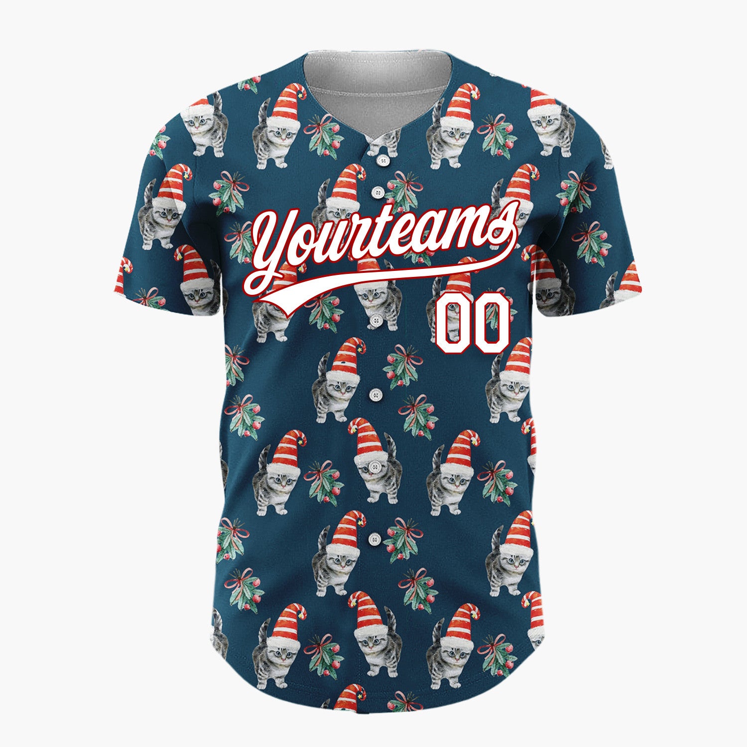 Custom Navy Kitten In Santa Hat Watercolor Christmas Baseball Jersey