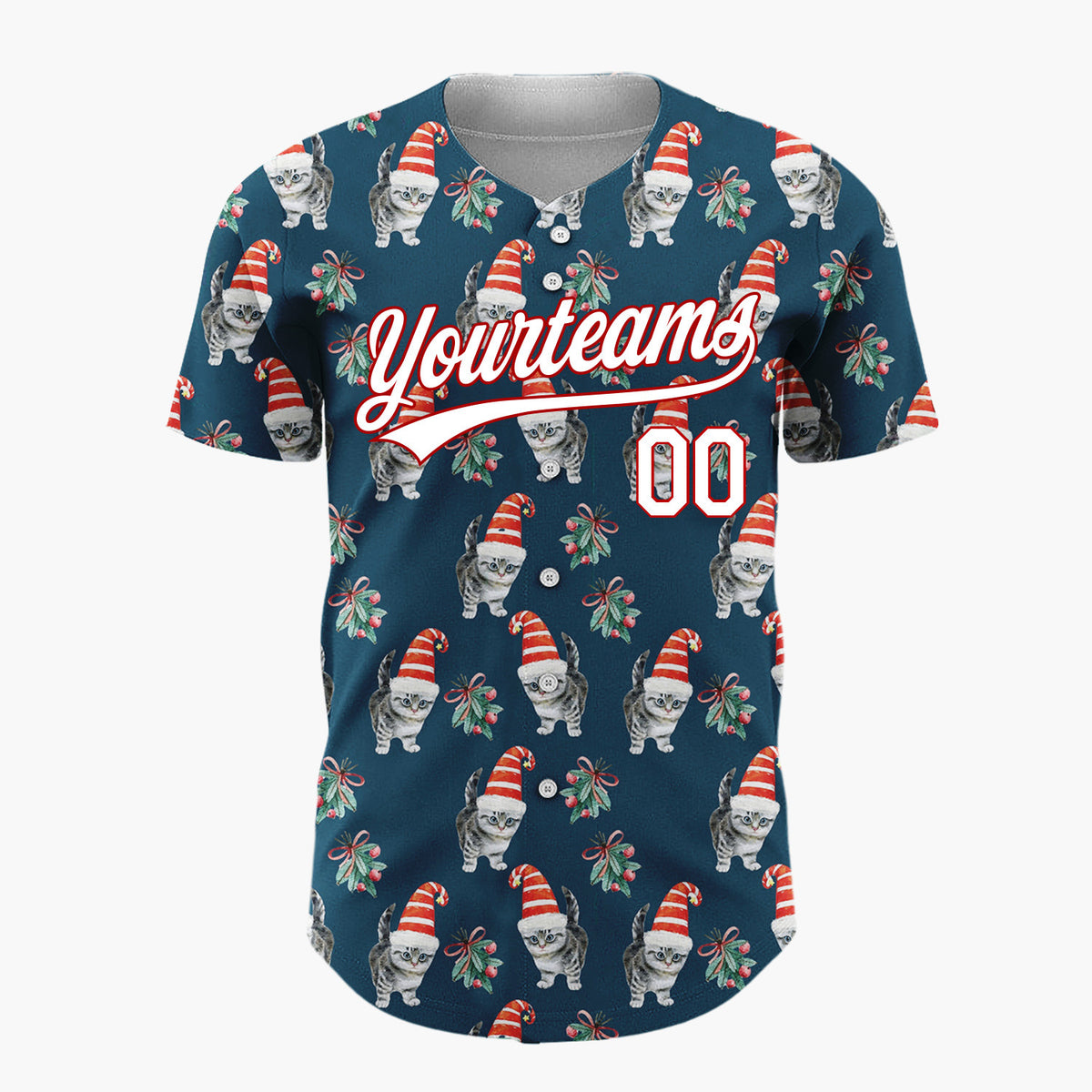 Custom Navy Kitten In Santa Hat Watercolor Christmas Baseball Jersey