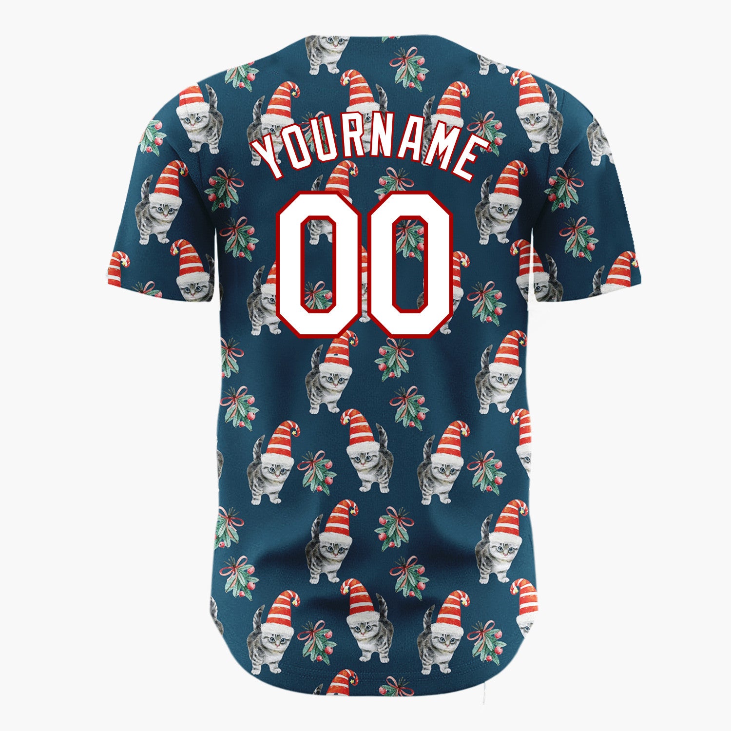 Custom Navy Kitten In Santa Hat Watercolor Christmas Baseball Jersey