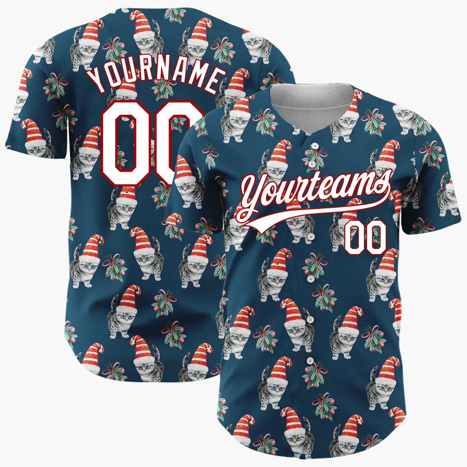 Custom Navy Kitten In Santa Hat Watercolor Christmas Baseball Jersey