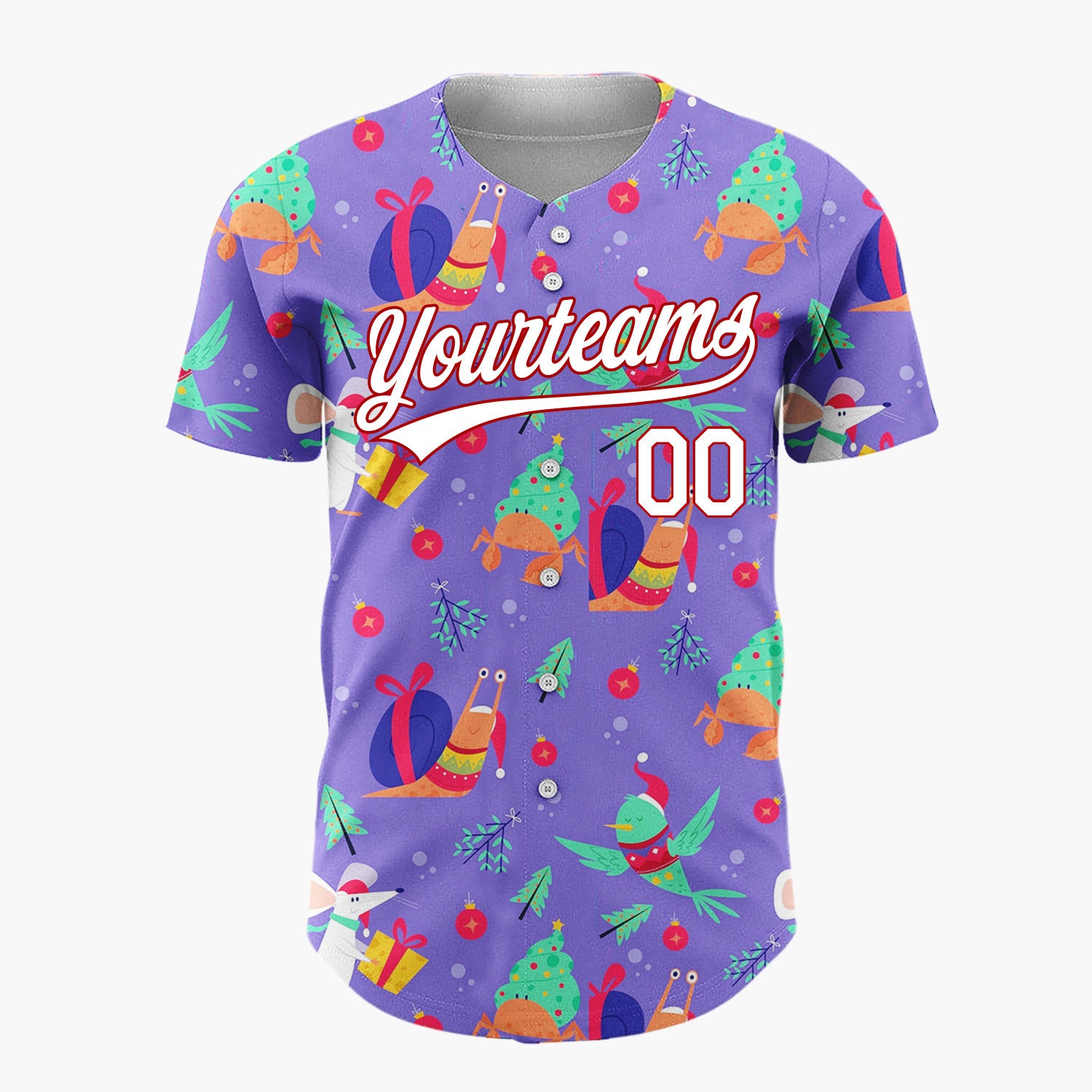 Custom Purple Multicolor Snail Crab Mouse Festive Animal Pattern Christmas Baseball Jersey