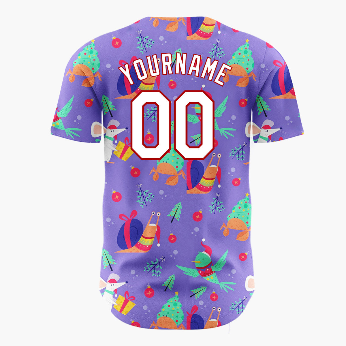 Custom Purple Multicolor Snail Crab Mouse Festive Animal Pattern Christmas Baseball Jersey