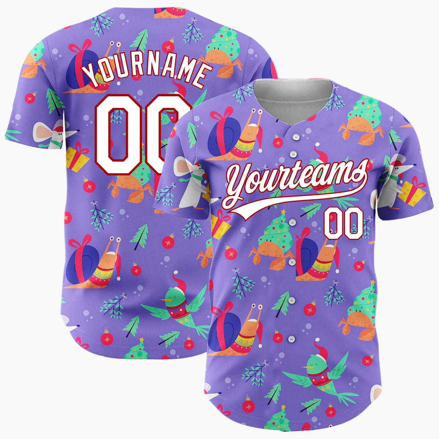 Custom Purple Multicolor Snail Crab Mouse Festive Animal Pattern Christmas Baseball Jersey