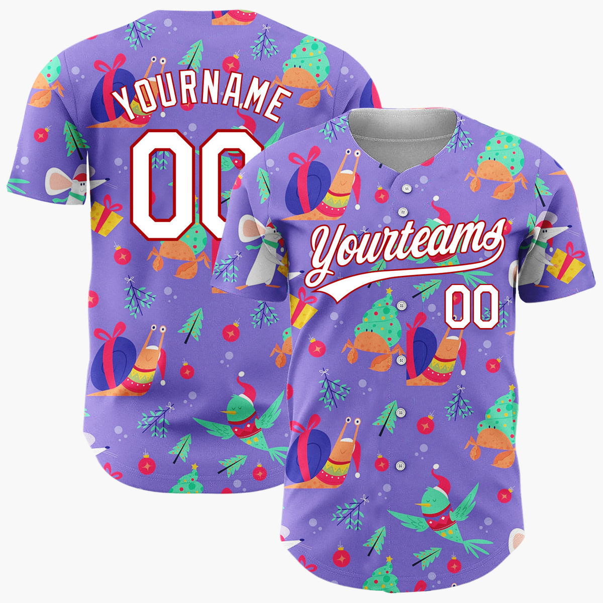 Custom Purple Multicolor Snail Crab Mouse Festive Animal Pattern Christmas Baseball Jersey