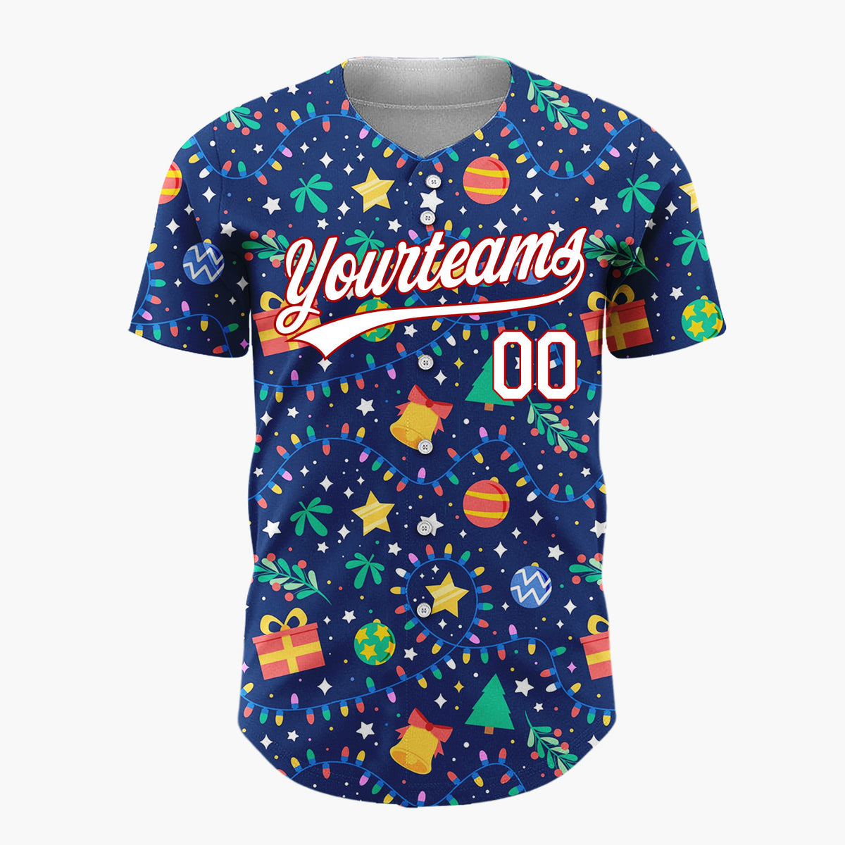 Custom Navy Holiday Ornaments And Lights Cheerful Christmas Baseball Jersey