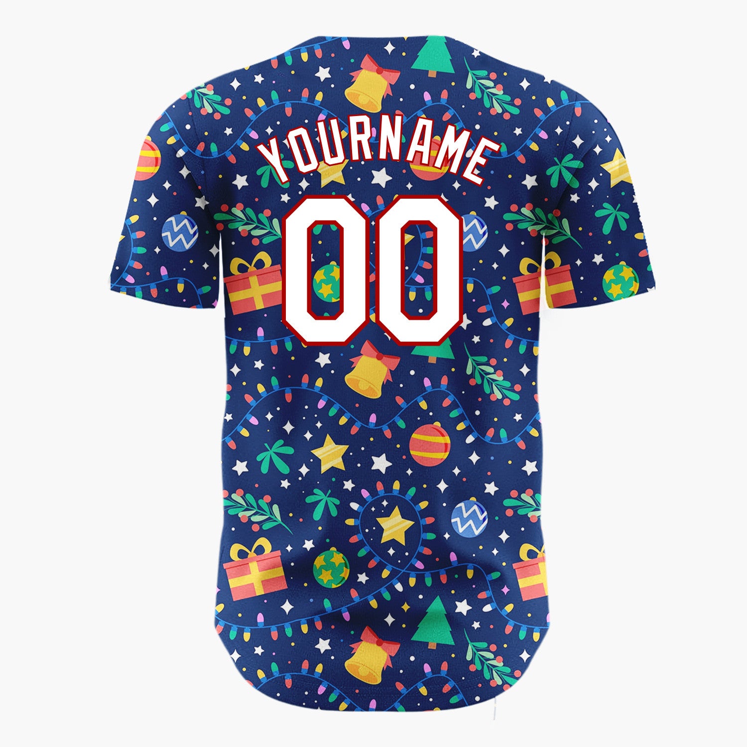 Custom Navy Holiday Ornaments And Lights Cheerful Christmas Baseball Jersey