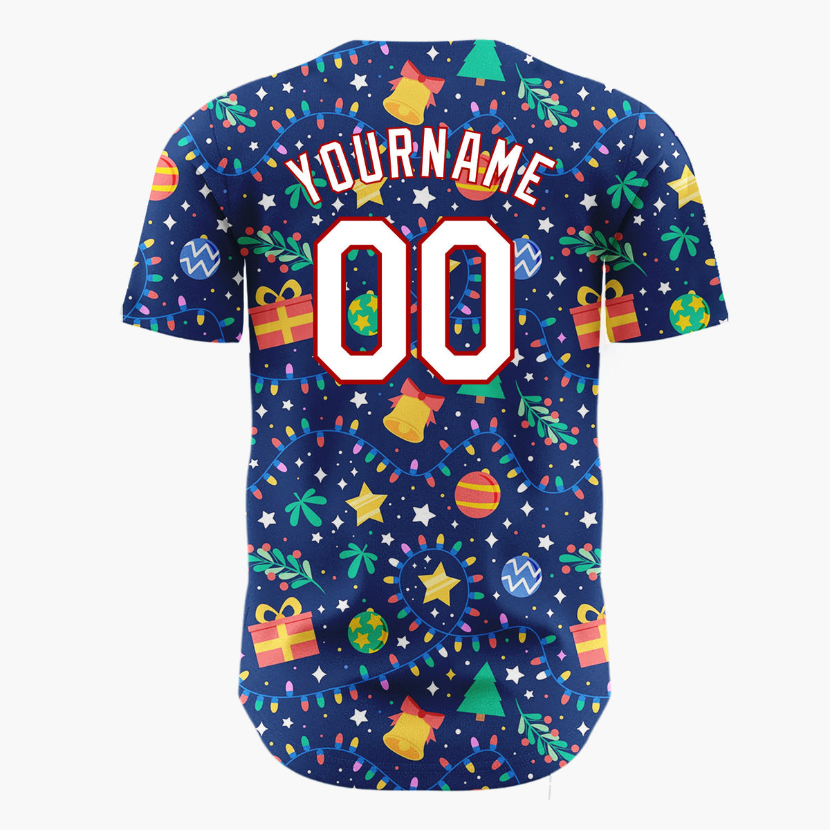 Custom Navy Holiday Ornaments And Lights Cheerful Christmas Baseball Jersey