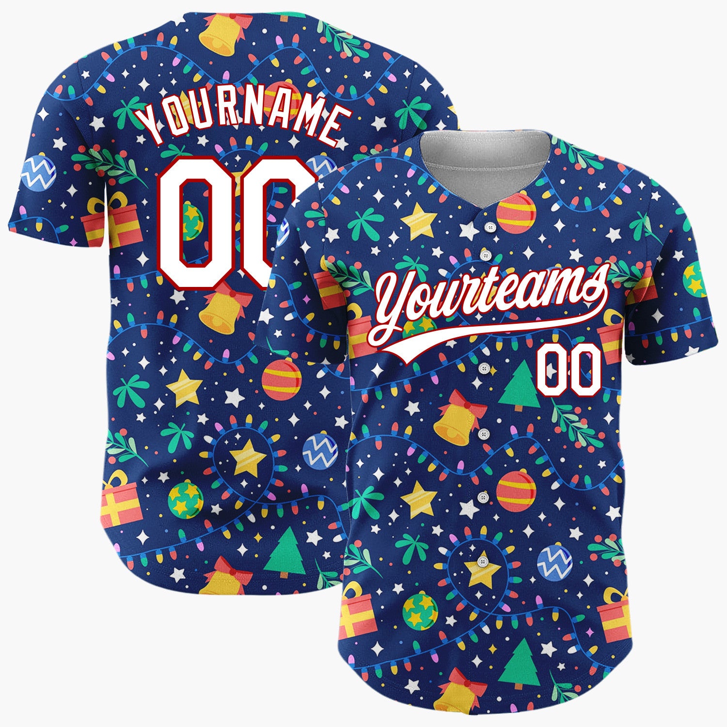 Custom Navy Holiday Ornaments And Lights Cheerful Christmas Baseball Jersey