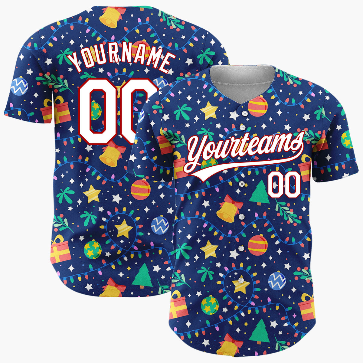 Custom Navy Holiday Ornaments And Lights Cheerful Christmas Baseball Jersey