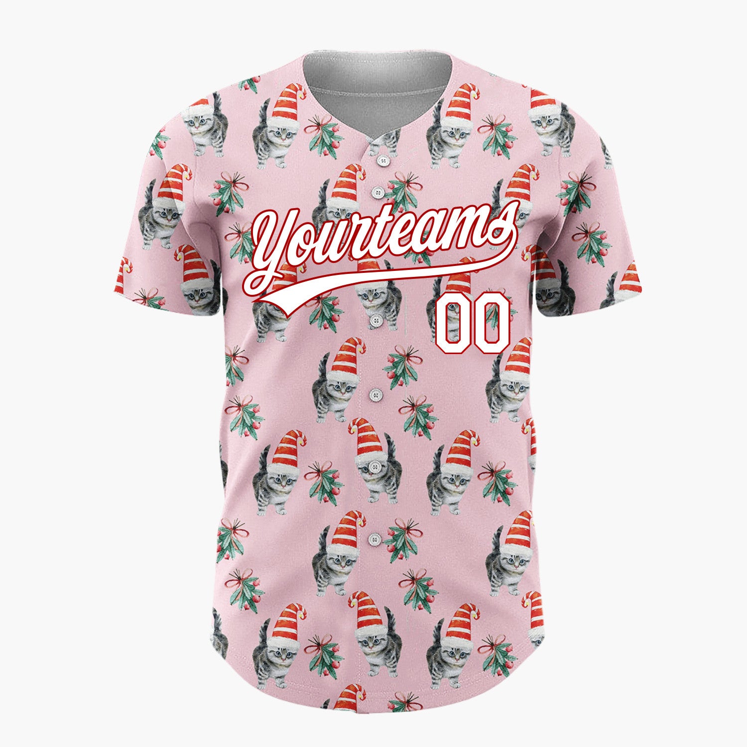 Custom Pink Kitten In Santa Hat Watercolor Christmas Baseball Jersey