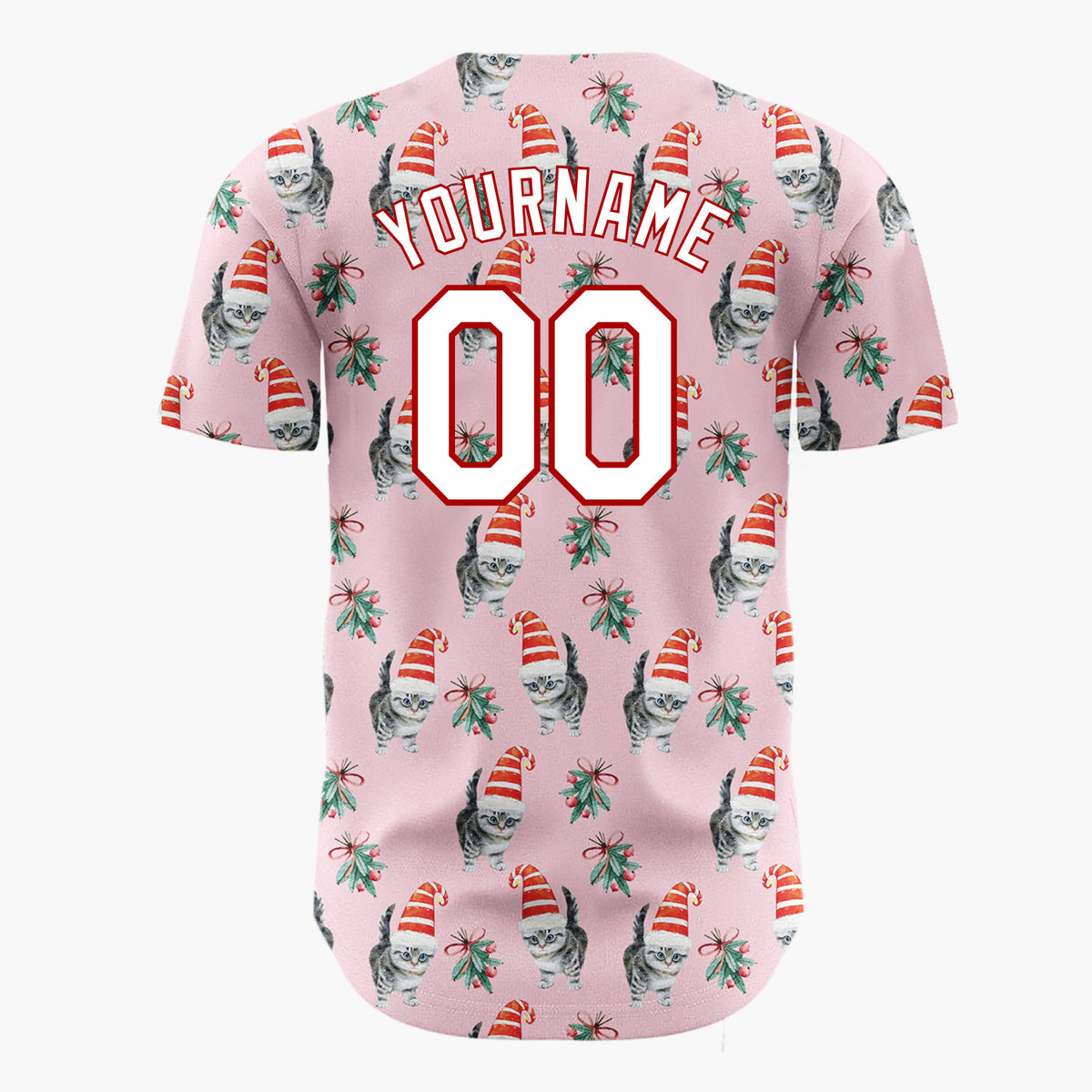 Custom Pink Kitten In Santa Hat Watercolor Christmas Baseball Jersey