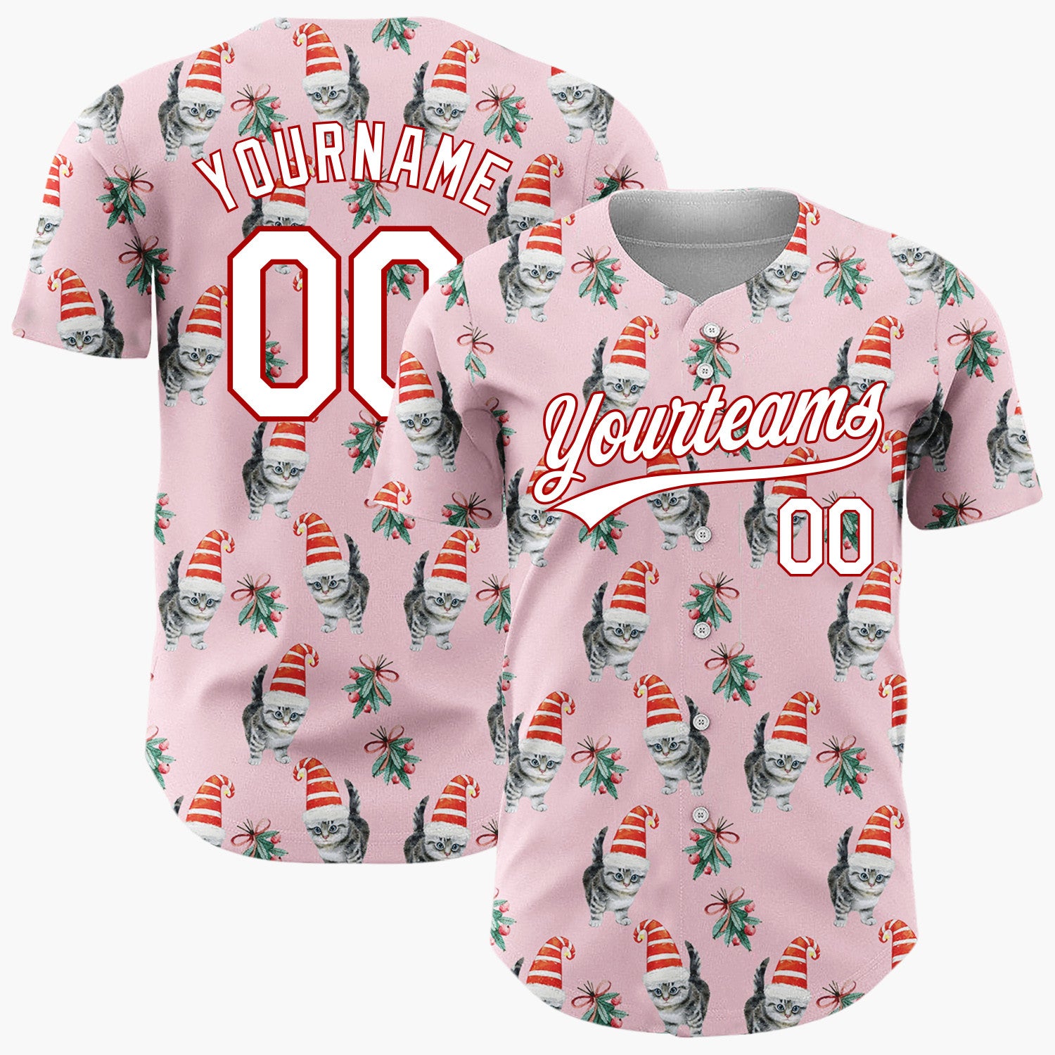 Custom Pink Kitten In Santa Hat Watercolor Christmas Baseball Jersey