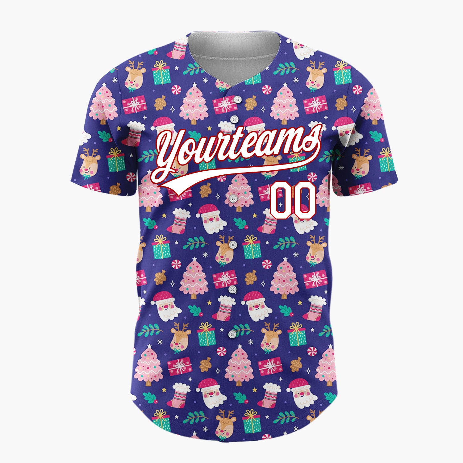 Custom Navy Pink Santa Reindeer And Gifts Cute Christmas Baseball Jersey