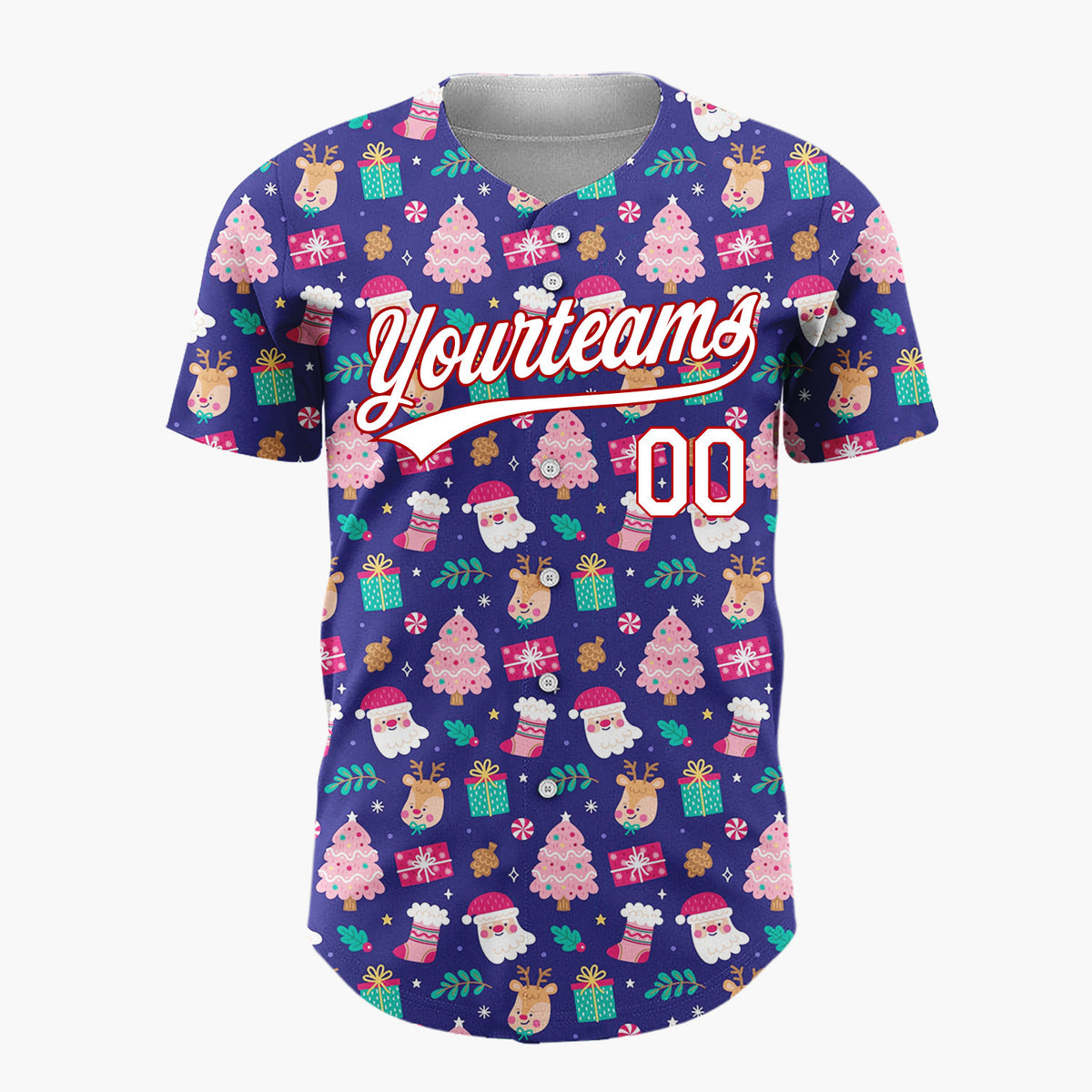 Custom Navy Pink Santa Reindeer And Gifts Cute Christmas Baseball Jersey