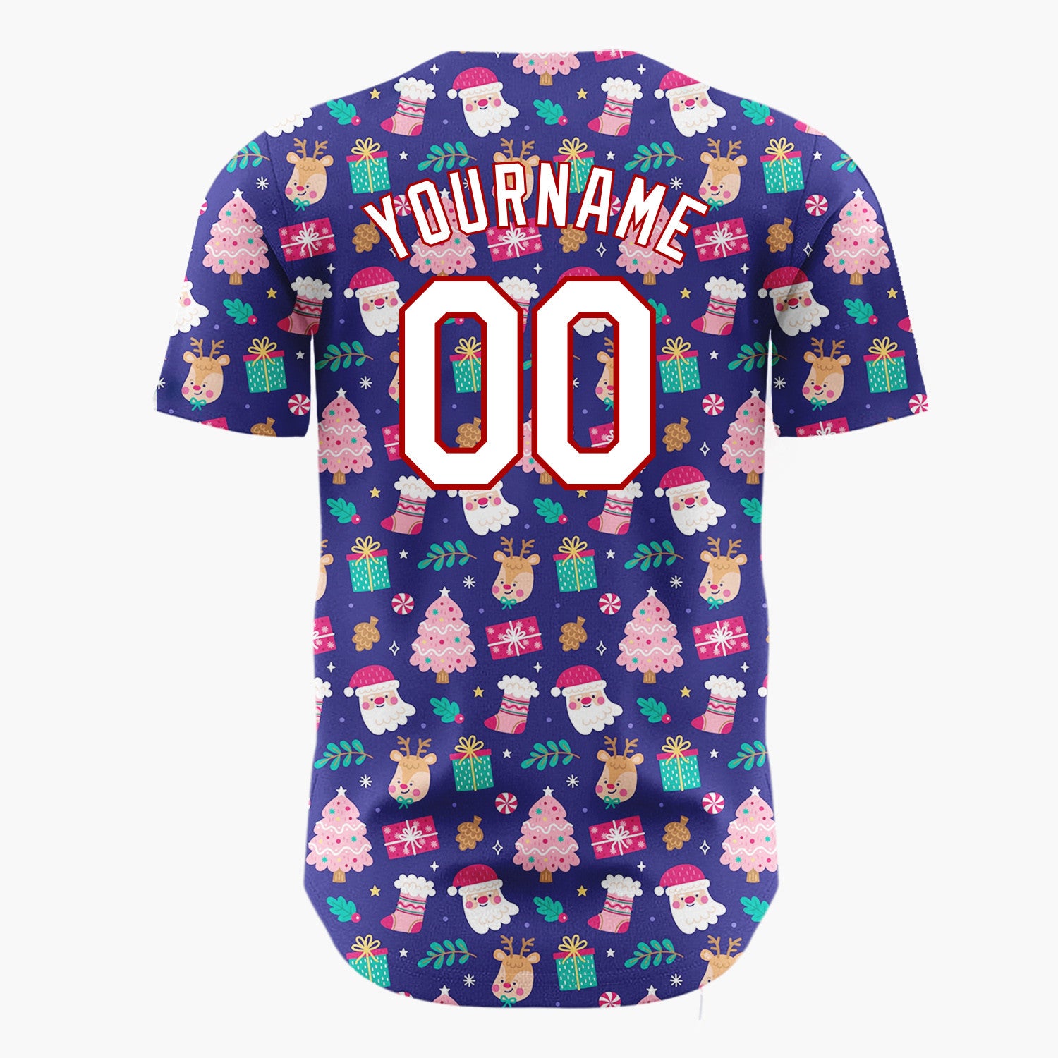 Custom Navy Pink Santa Reindeer And Gifts Cute Christmas Baseball Jersey