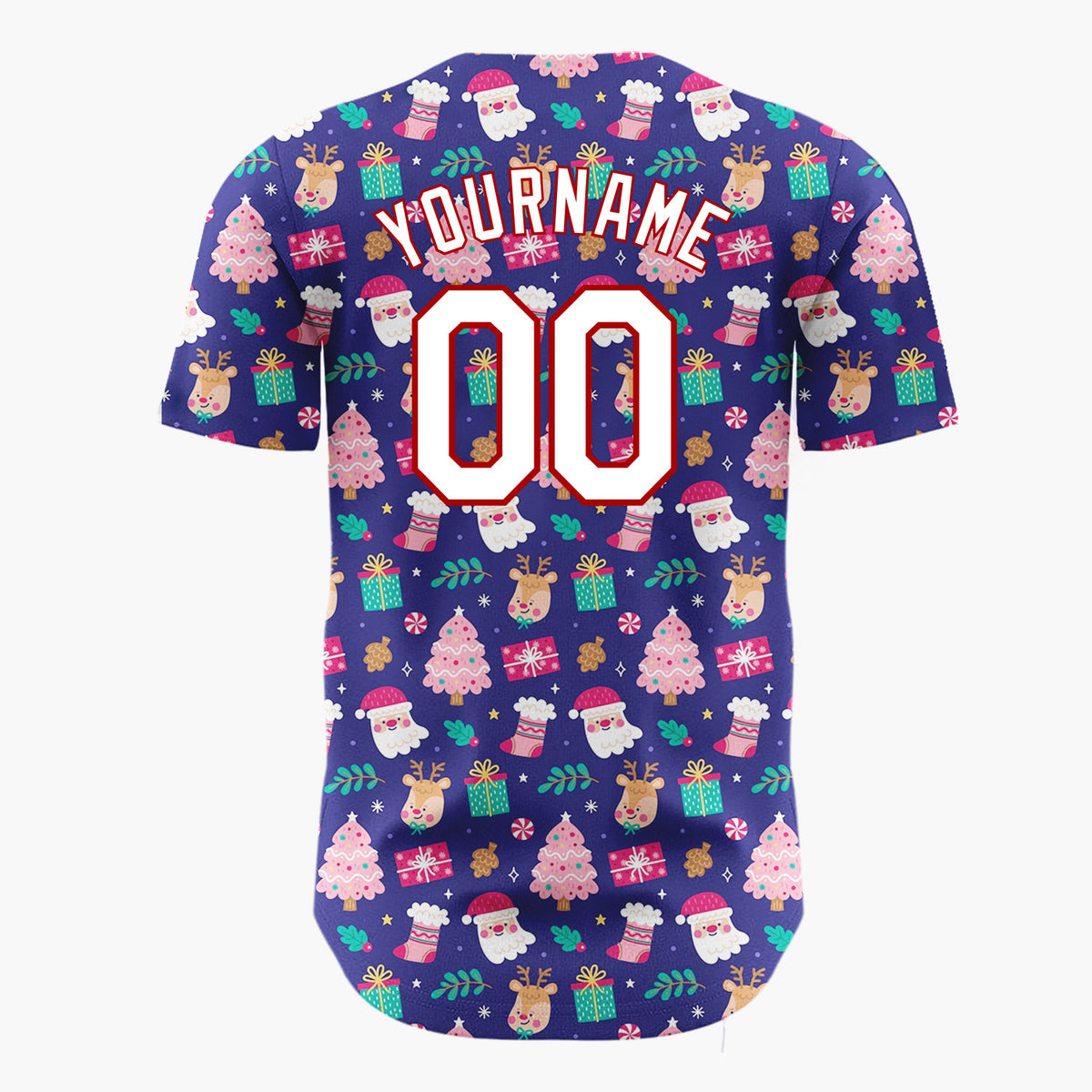 Custom Navy Pink Santa Reindeer And Gifts Cute Christmas Baseball Jersey