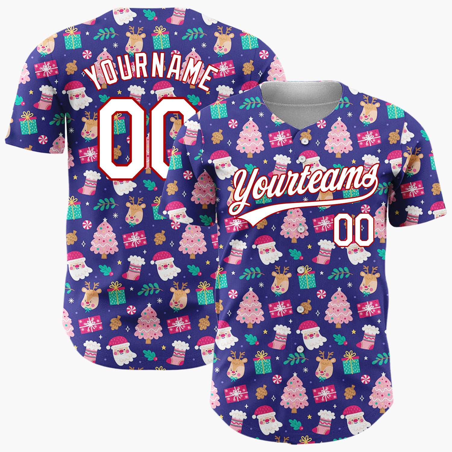 Custom Navy Pink Santa Reindeer And Gifts Cute Christmas Baseball Jersey