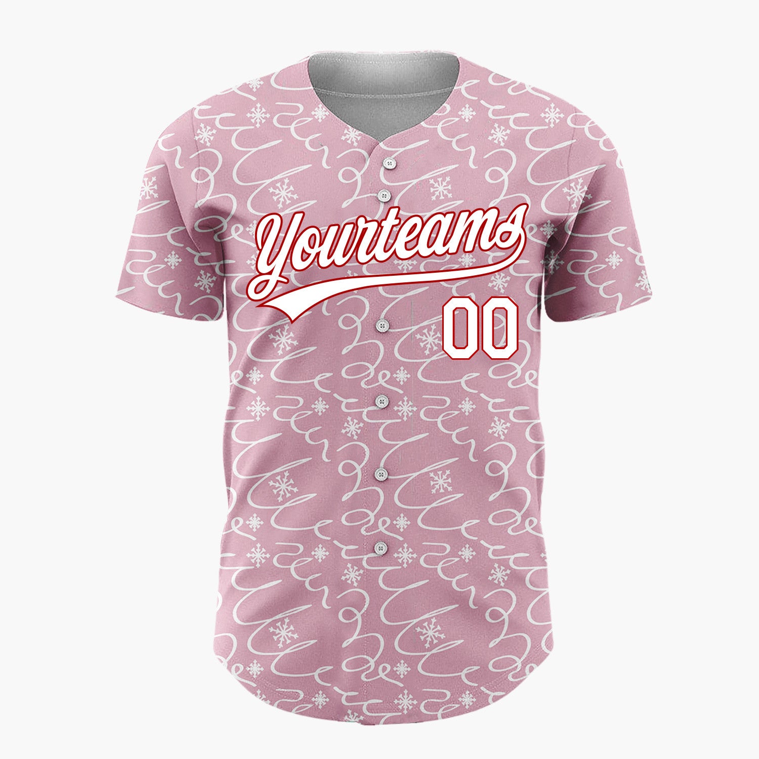 Custom Pink Abstract Swirl And Snowflake Hand Drawn Pattern Christmas Baseball Jersey