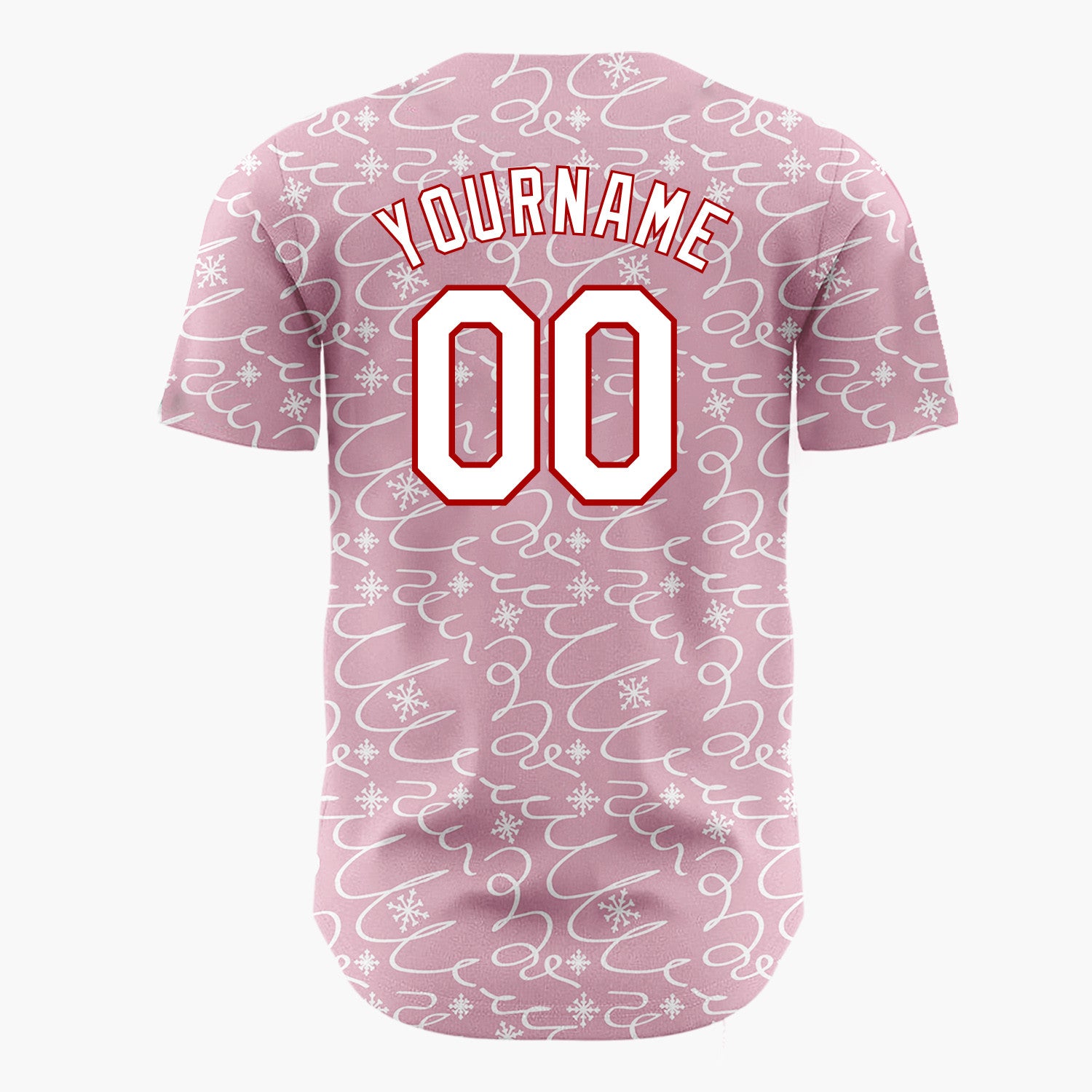 Custom Pink Abstract Swirl And Snowflake Hand Drawn Pattern Christmas Baseball Jersey