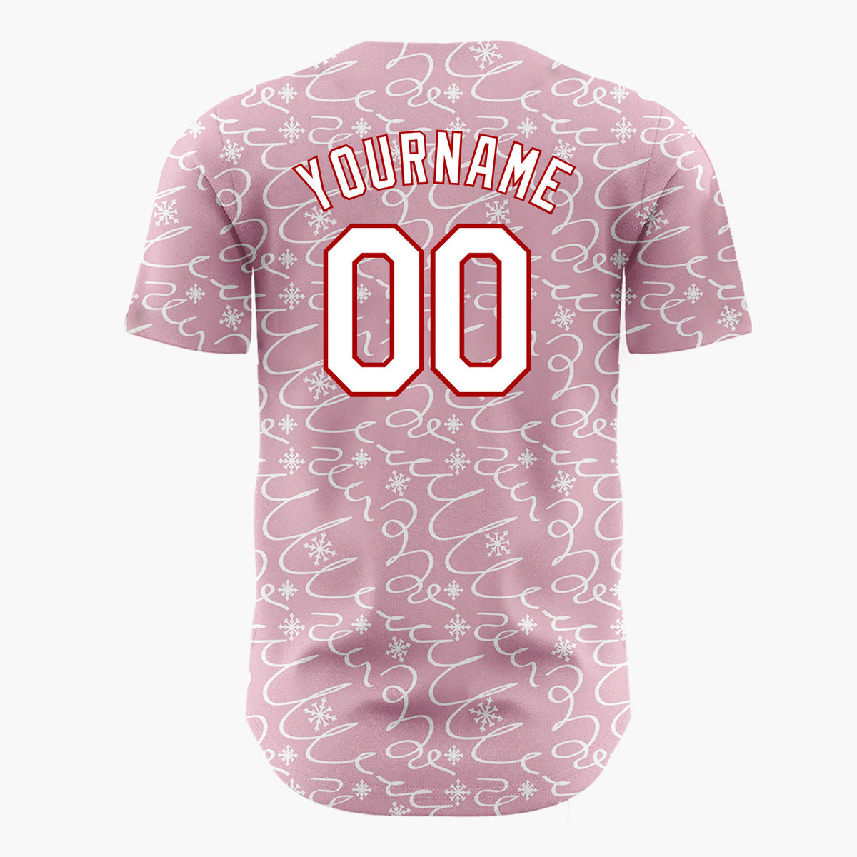 Custom Pink Abstract Swirl And Snowflake Hand Drawn Pattern Christmas Baseball Jersey