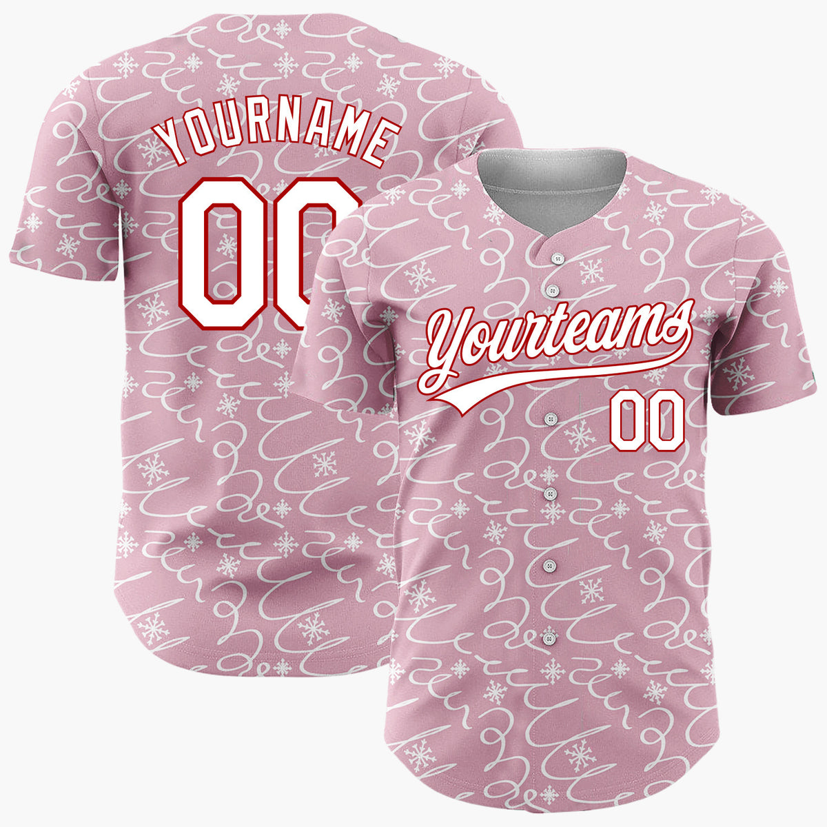 Custom Pink Abstract Swirl And Snowflake Hand Drawn Pattern Christmas Baseball Jersey