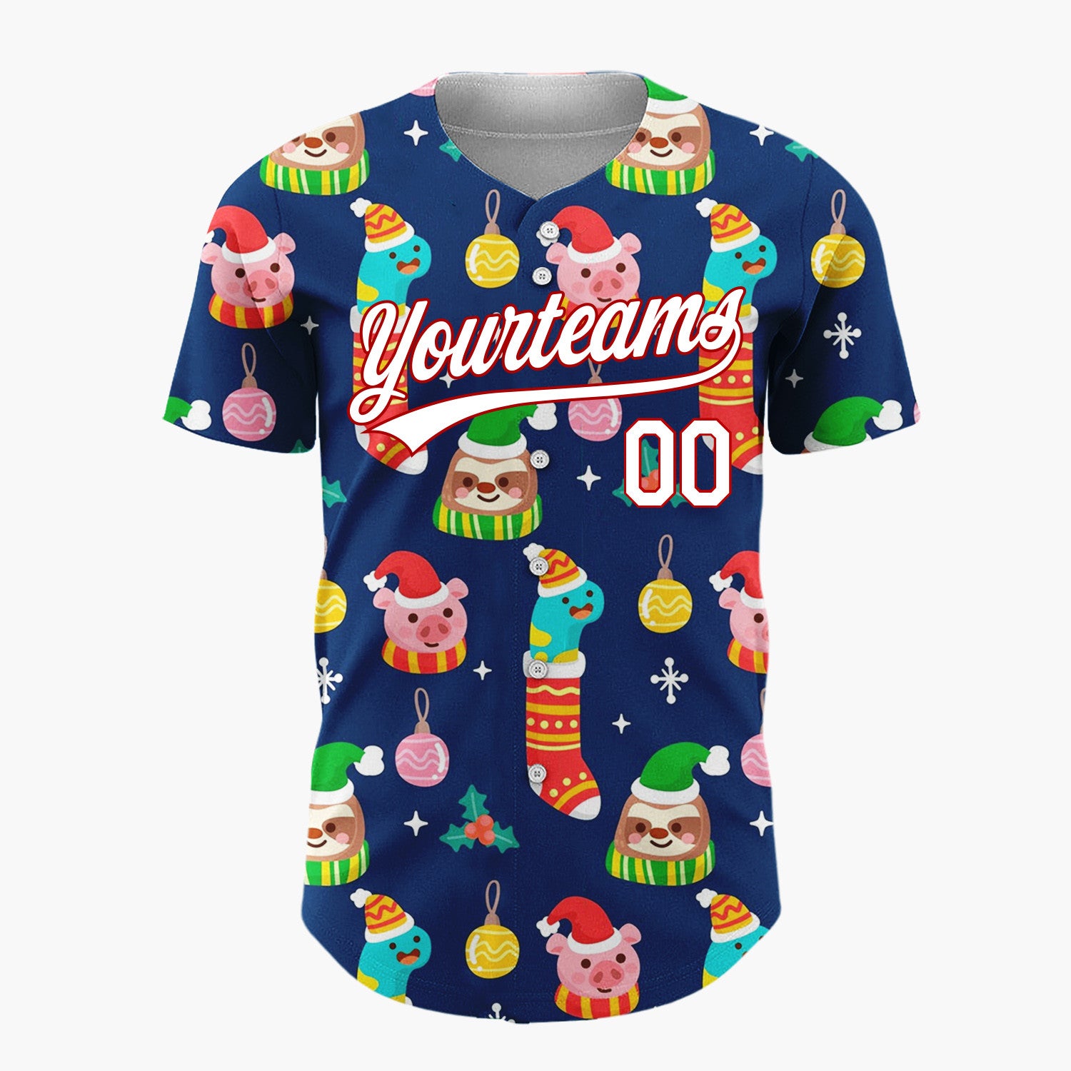 Custom Navy Green Yellow Sloths Piglets And Stockings Playful Christmas Baseball Jersey