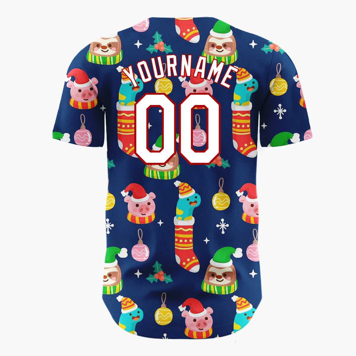 Custom Navy Green Yellow Sloths Piglets And Stockings Playful Christmas Baseball Jersey