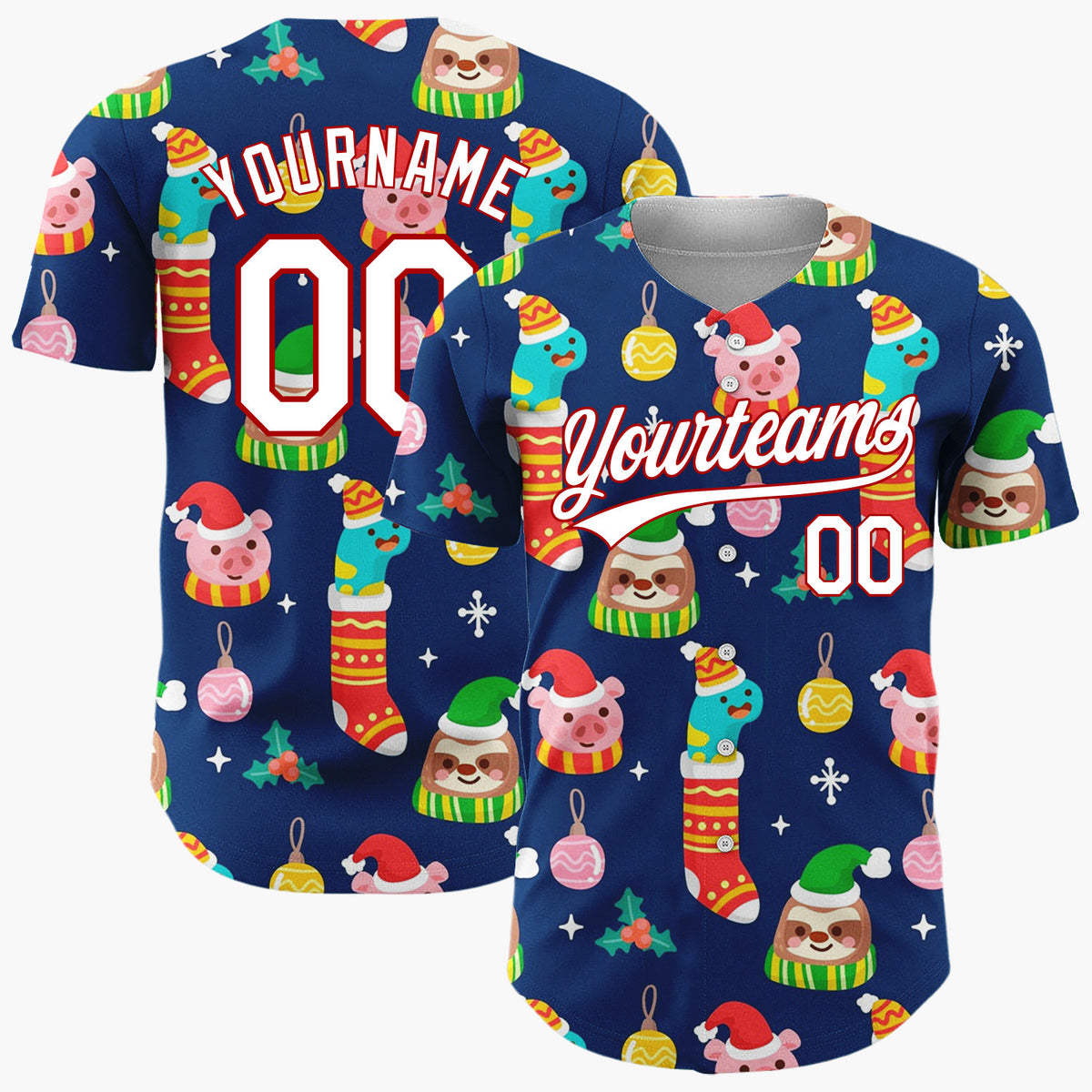Custom Navy Green Yellow Sloths Piglets And Stockings Playful Christmas Baseball Jersey