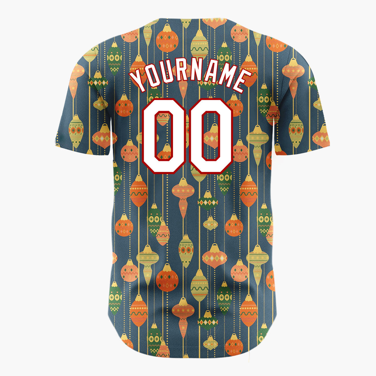 Custom Navy Orange Retro Hanging Ornaments Elegant Mid Century Pattern Christmas Baseball Jersey